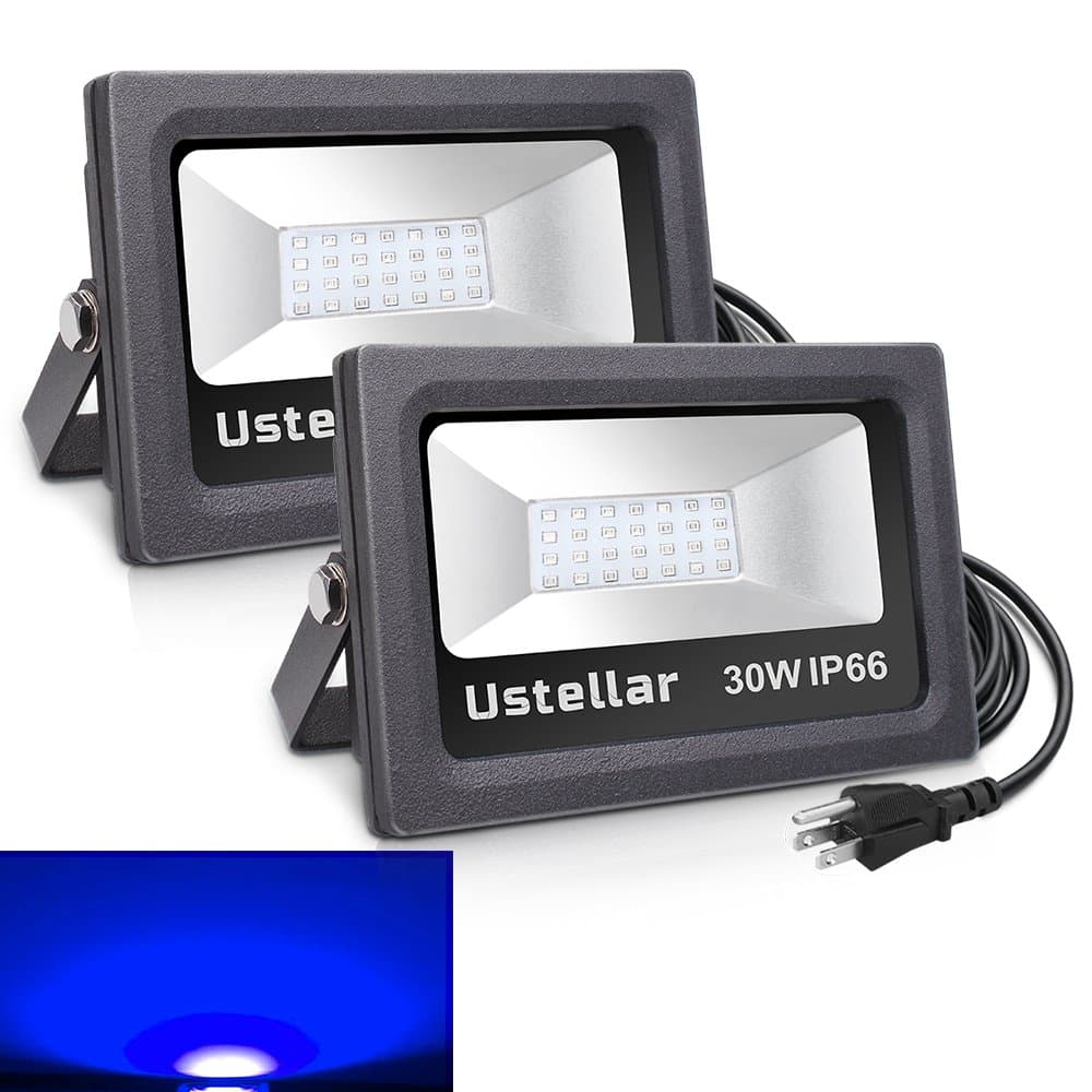 Ustellar 2 Pack 30W Blue LED Flood Light, IP66 Waterproof, 2100lm, Outdoor Floodlight Landscape Wall Washer Light for Christmas Decoration Garden Yard Lawn, Stage Lighting with US 3-Plug