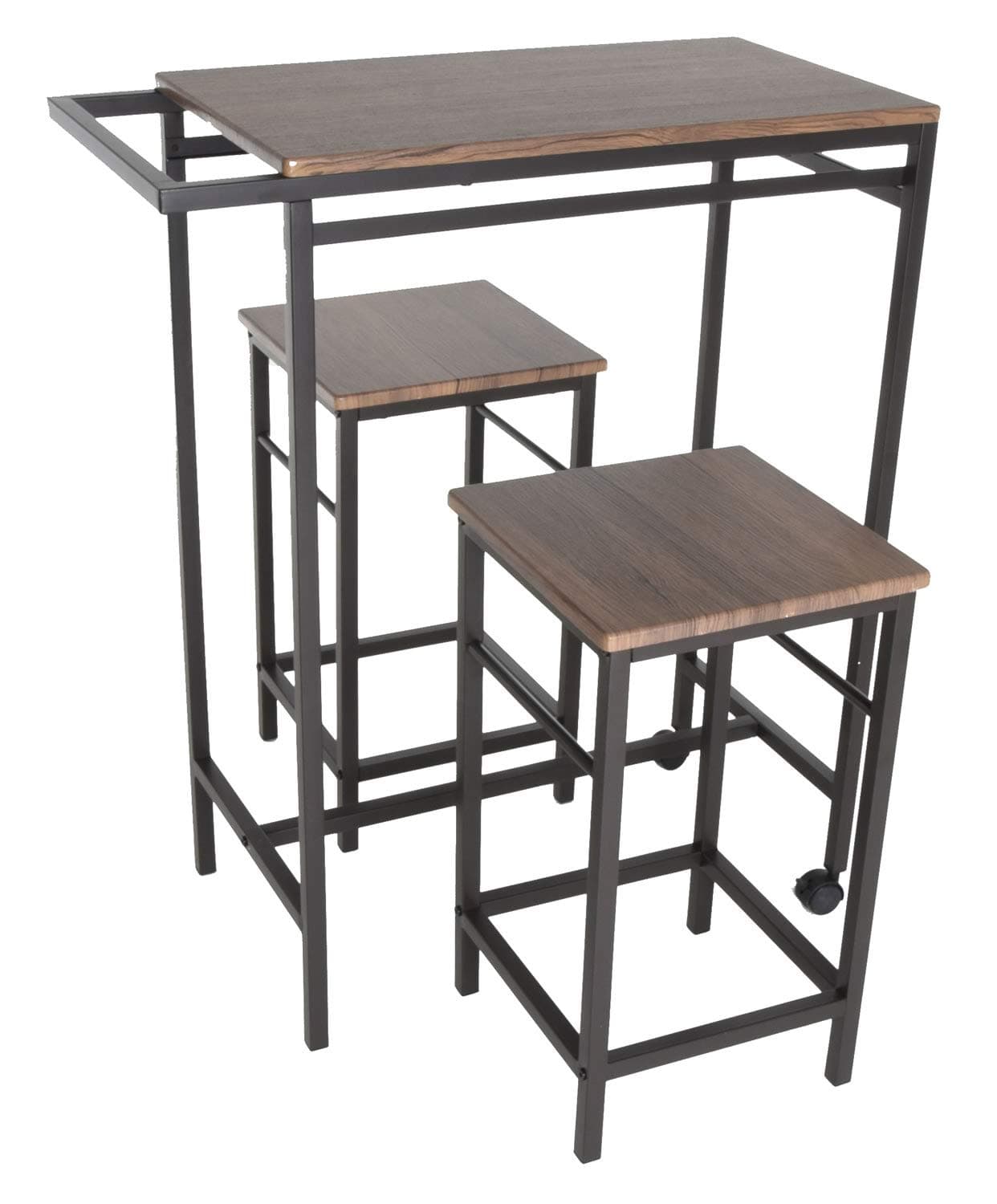 Zenvida 3 Piece Pub Table Set Breakfast Cart with 2 Stools Wood Counter Height Space Saver Mobile Kitchen Island