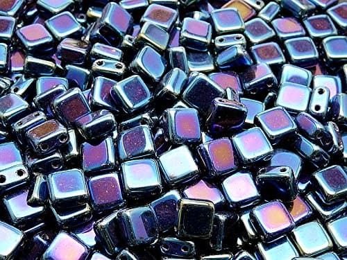 40 Pieces Czech Glass Beads Tile Two-Hole, Flat Square 6x6x2.9mm, Jet Blue Iris