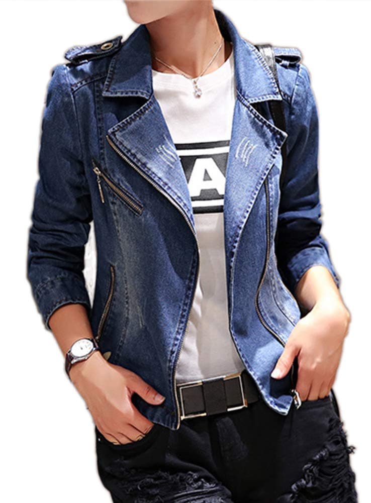 Fundu Women's Slim Fitting Lapel Denim Blazer Jacket