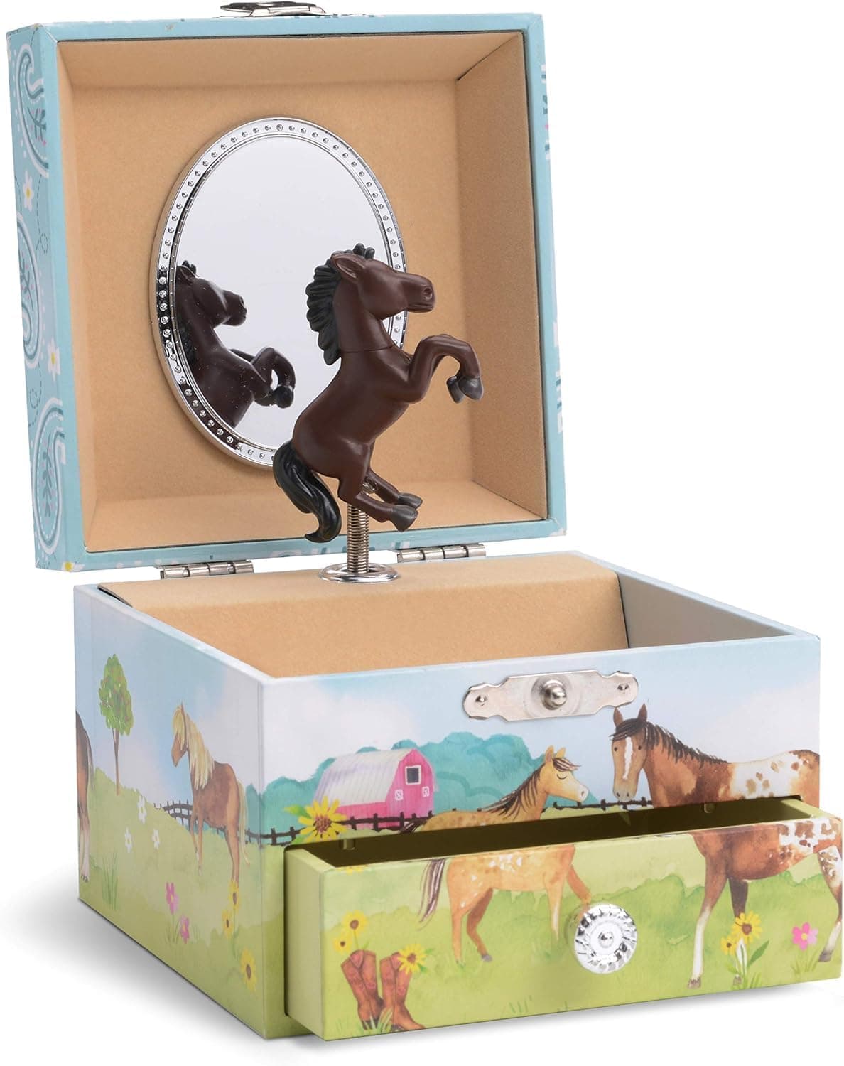 Jewelkeeper Kids Musical Jewelry Box for Girls with Spinning Dark Horse - Single Pullout Drawers with Fur Elise Tune - Thoughtful Gift for Young Girls - Barn Theme Design - ‎10.8 x 8.9 x 10.8 cm