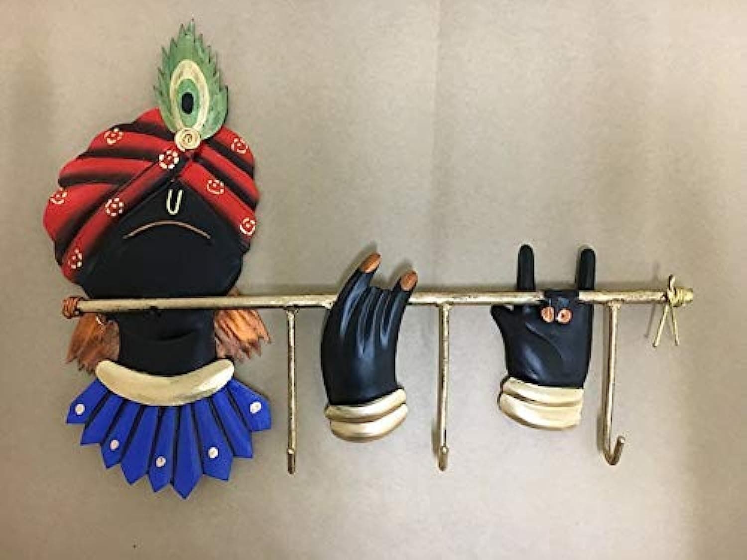 Lord Krishna Wrought Iron Key Holder Flute 3 Hook Wall Hanging Key Stand for Home Decor (Size 10.5 x 8.5 inches)