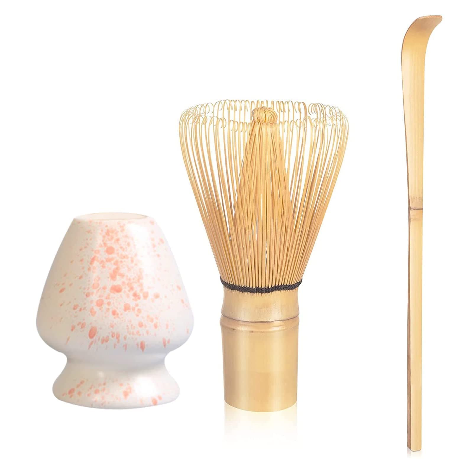 Matcha Whisk Set, 3-Piece Handmade Natural Bamboo Set (Stirrer, Spoon With Hook, Brush Placer), Falling Cherry White