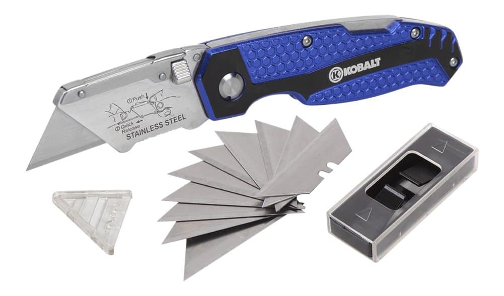 Kobalt Utility Knife & 11 Blades Foldable Speed Release Quick Change Box Cutter 1 Knife Blue