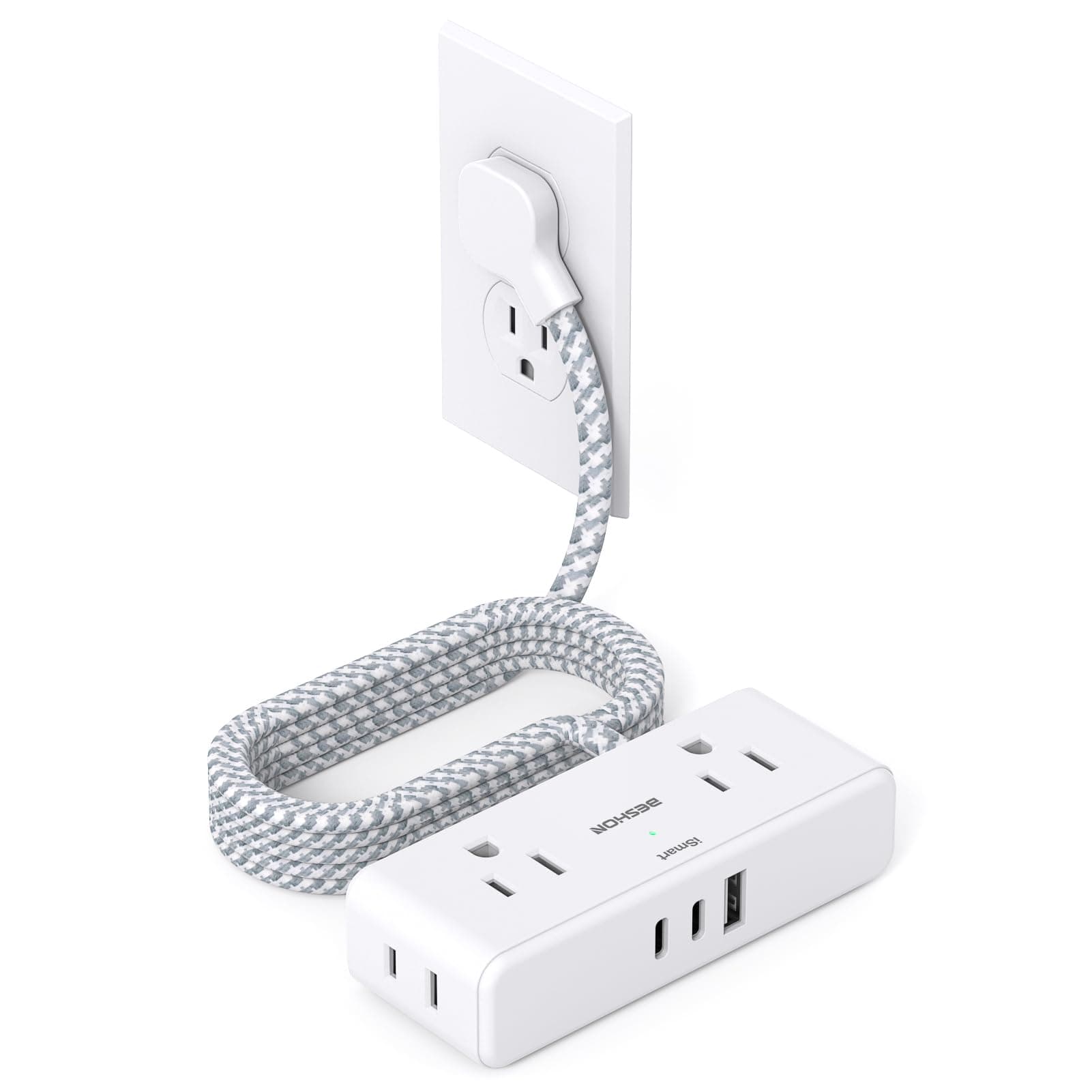 Flat Extension Cord 6ft Flat Plug Power Strip 4 Outlets Widely with 3 USB Ports (2 USB C), 3 Sides Outlet Extender with Extension Cord with Multiple Outlets
