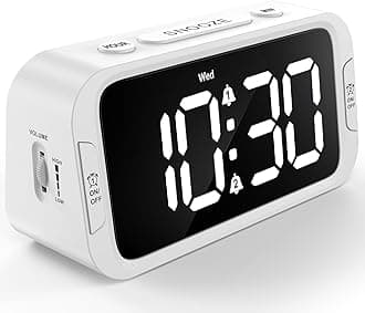 Digital Dual Alarm Clock for Bedroom, Easy to Set, 0-100% Dimmer, USB Charger, 5 Sound Adjustable Volume, Weekday/Weekend Mode, Snooze, 12/24Hr, Battery Backup, Compact Clock for Bedside(White)