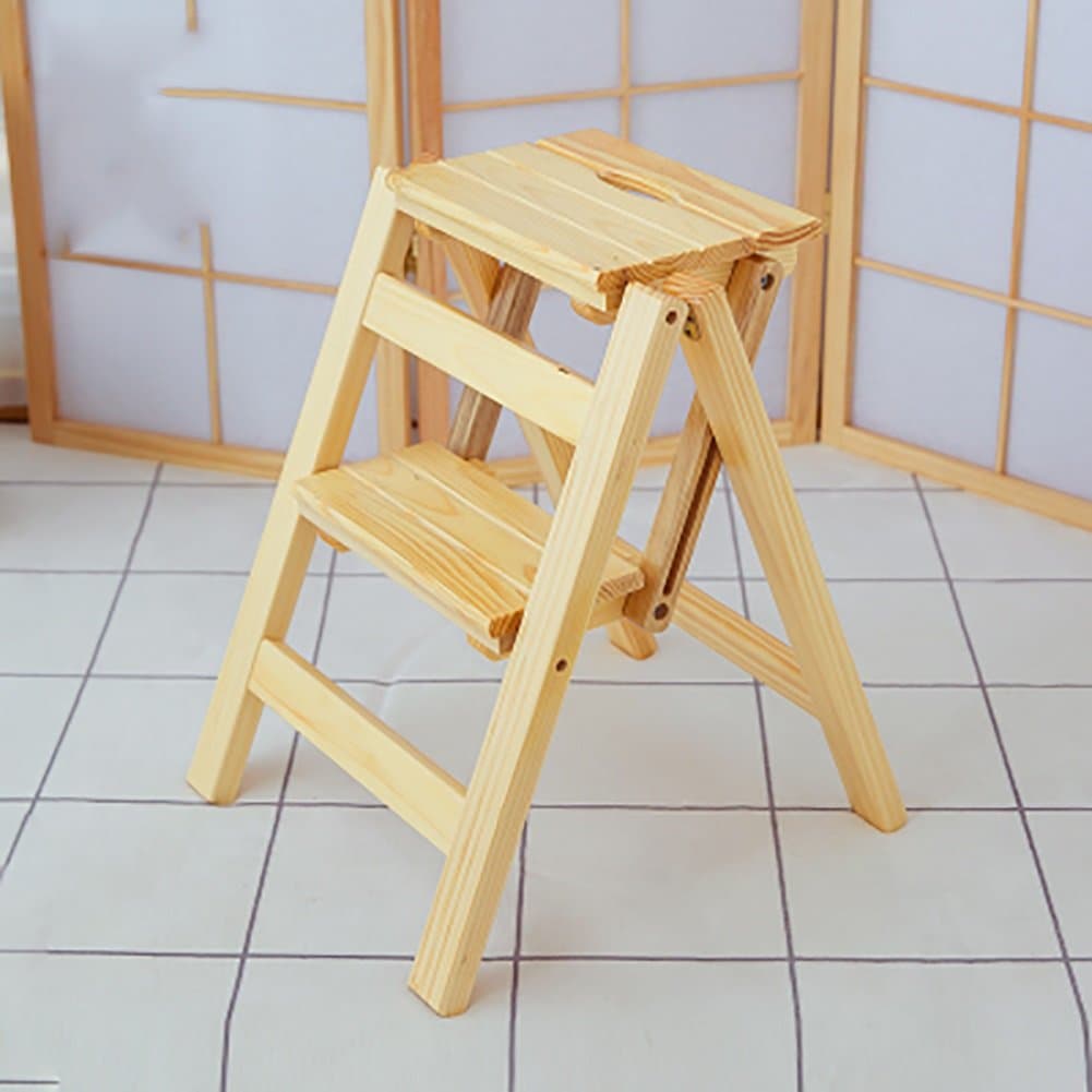 Folding Wooden 2 Step Stool, 3 Tiers Portable Step Stool Ladder Seat Versatile Home Kitchen Bathroom Office Furniture Ladder Chair ( Color : Wood Color )