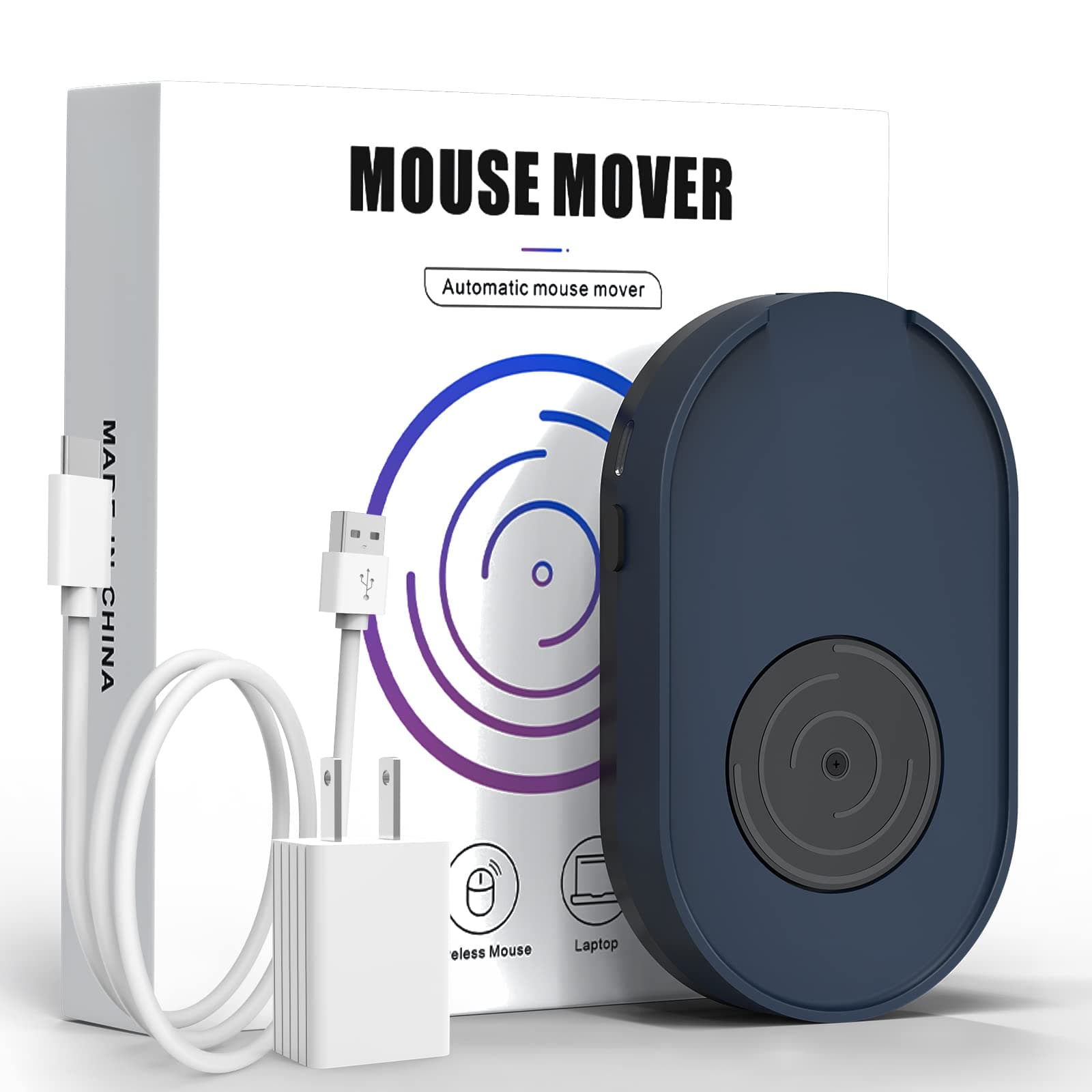 Mouse Jiggler, Undetectable Mouse Mover Device - Wiggler Shaker with USB Cable and 5V1A Adapter, Keeps PC Screen Active - Blue