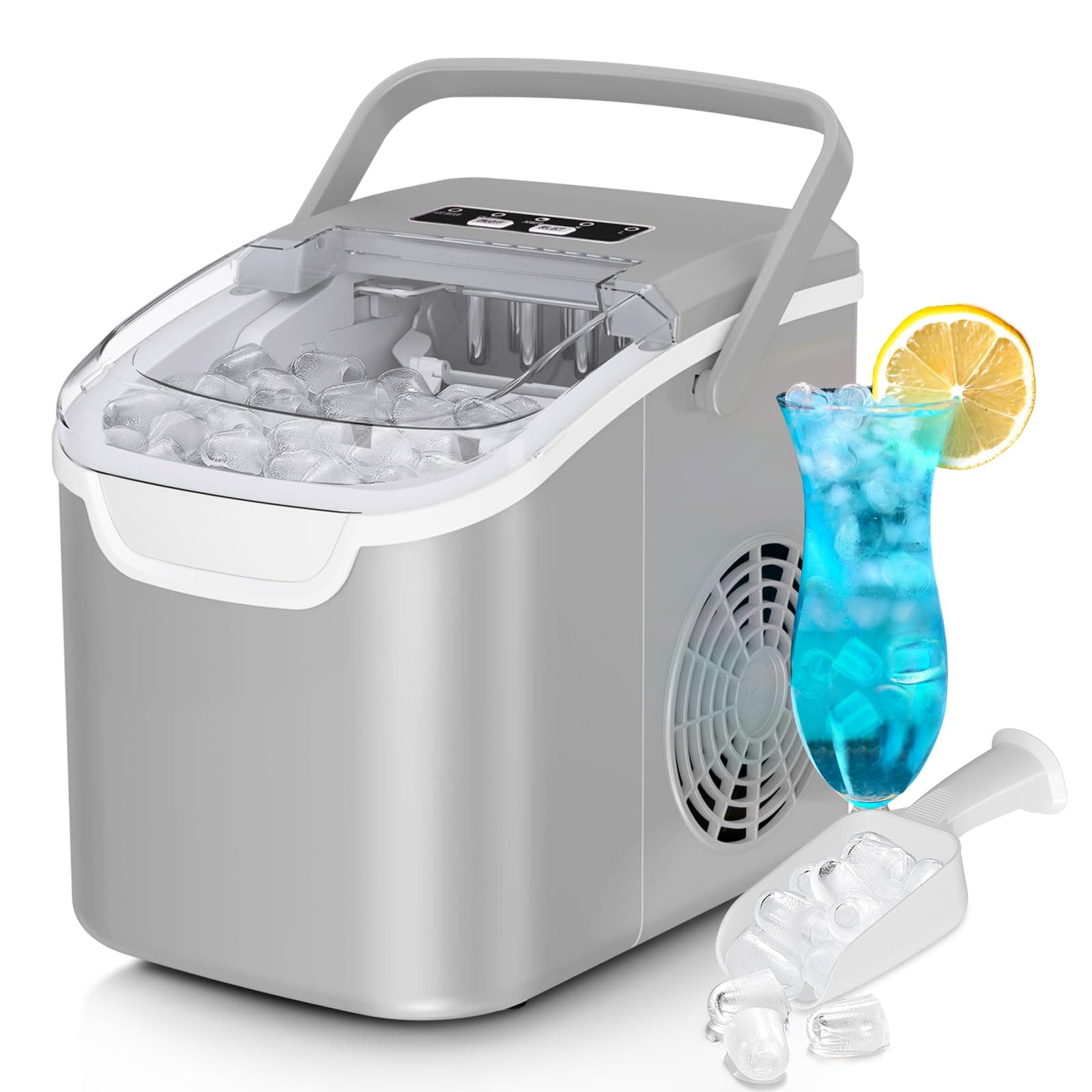 Countertop Ice Maker, 26 lbs/Day ice Production, 2 Sizes, 8 ice Cubes in 6 Minutes - Portable Mini, Energy Efficient, with Basket/Scoop for Home/Party/Travel/Camping/Bar