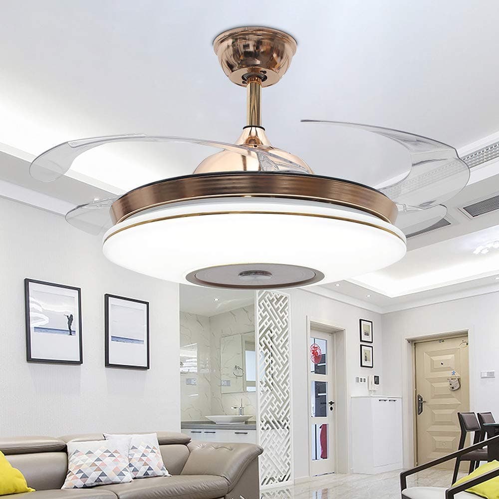 RS Lighting 42 inch Cool Ceiling Fan Light with 4 Telescopic Blades Invisible Ceiling Fan Chandelier Has Three Light Color Remote Control Fan Light Kit for Living Bedroom Dining Room (42inch, Gold-2)