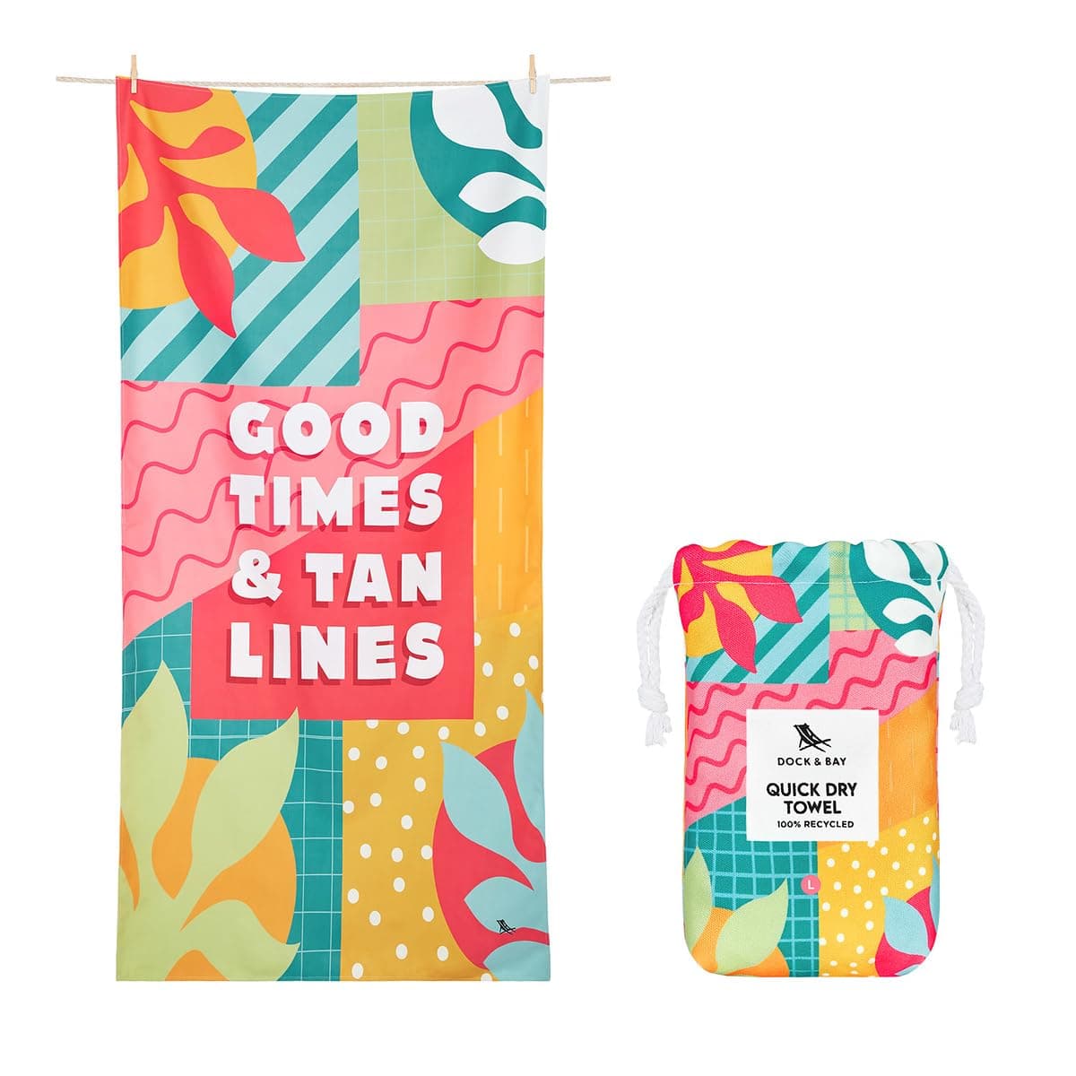 Dock & Bay Beach Towel - Quick Dry, Sand Free - Compact, Lightweight - 100% Recycled - Includes Bag - Good Times & Tan Lines - Extra Large (200x90cm, 78x35)