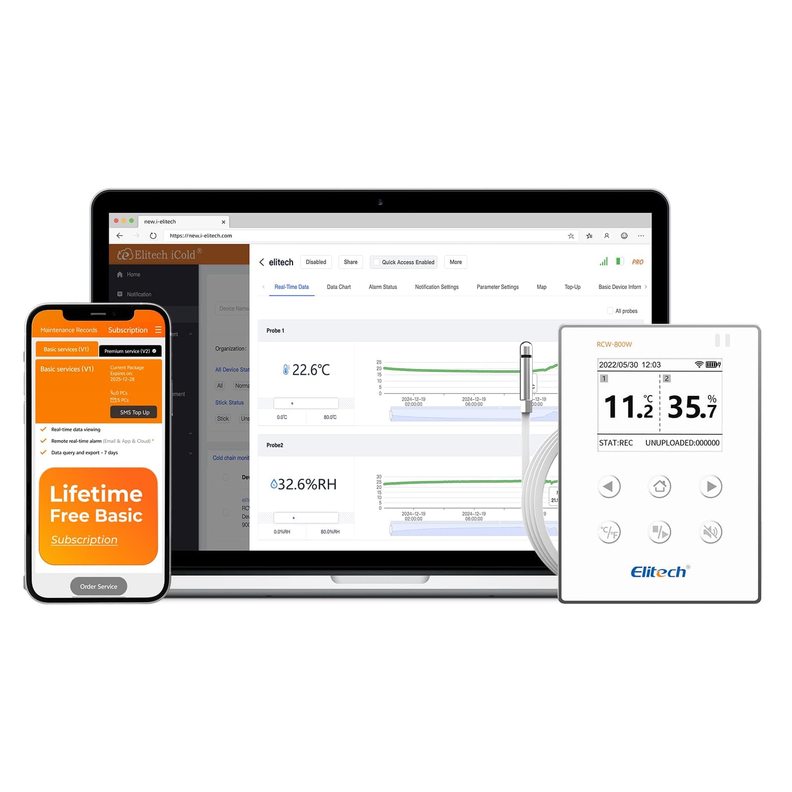 Elitech WiFi Digital Temperature Humidity Data Logger, 2.4GHz/5GHz WiFi Remote Real-Time Monitor with External Probes, Cloud Storage, App and Email Alerts, 16.4ft, RCW-800W-THE-5Pack, -40°F to 176°F