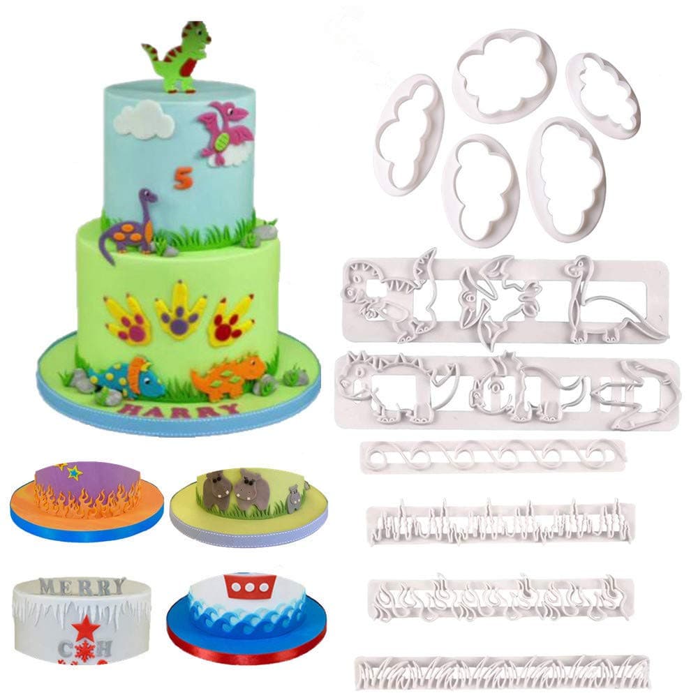 Dinosaur Molds Set - Fluffy Fondant Cloud Cutter,Flame/Wave/Grass/Icicles Cutter and Dinosaur Cookie Cake Plastic Embossing Mold,Sugar Craft,Fondant Decorating Tools