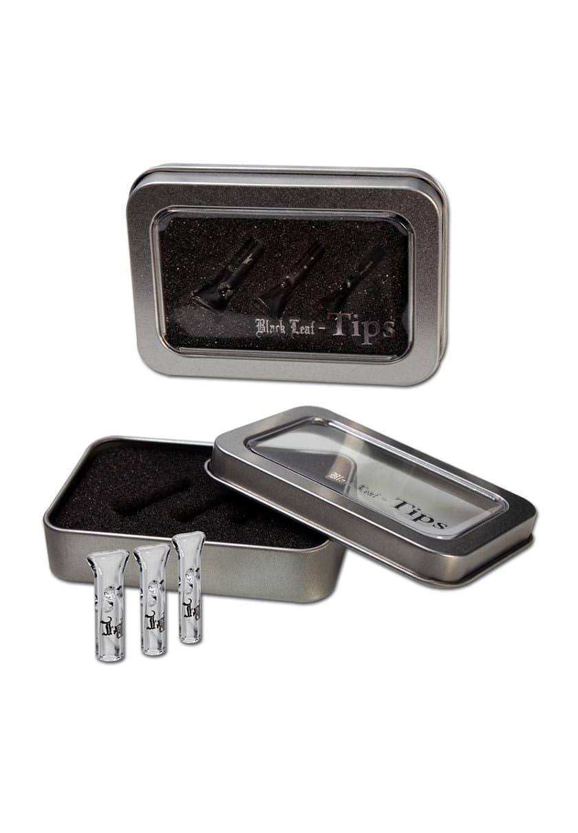Black Leaf Glass Roach Tips in metal storage tin