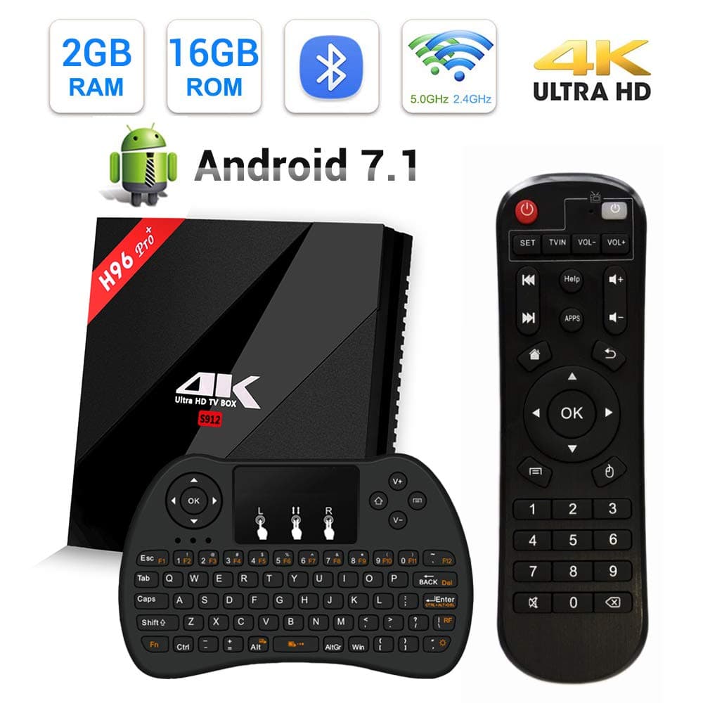H96 Pro Plus Smart TV Box Android 7.1 Amlogic Octa Core 2GB DDR3 16GB EMMC Android TV Box Support 2.4G/5G Dual Band Wi-Fi 1000M LAN 4K 3D with Mini Wireless QWERTY Keyboard
