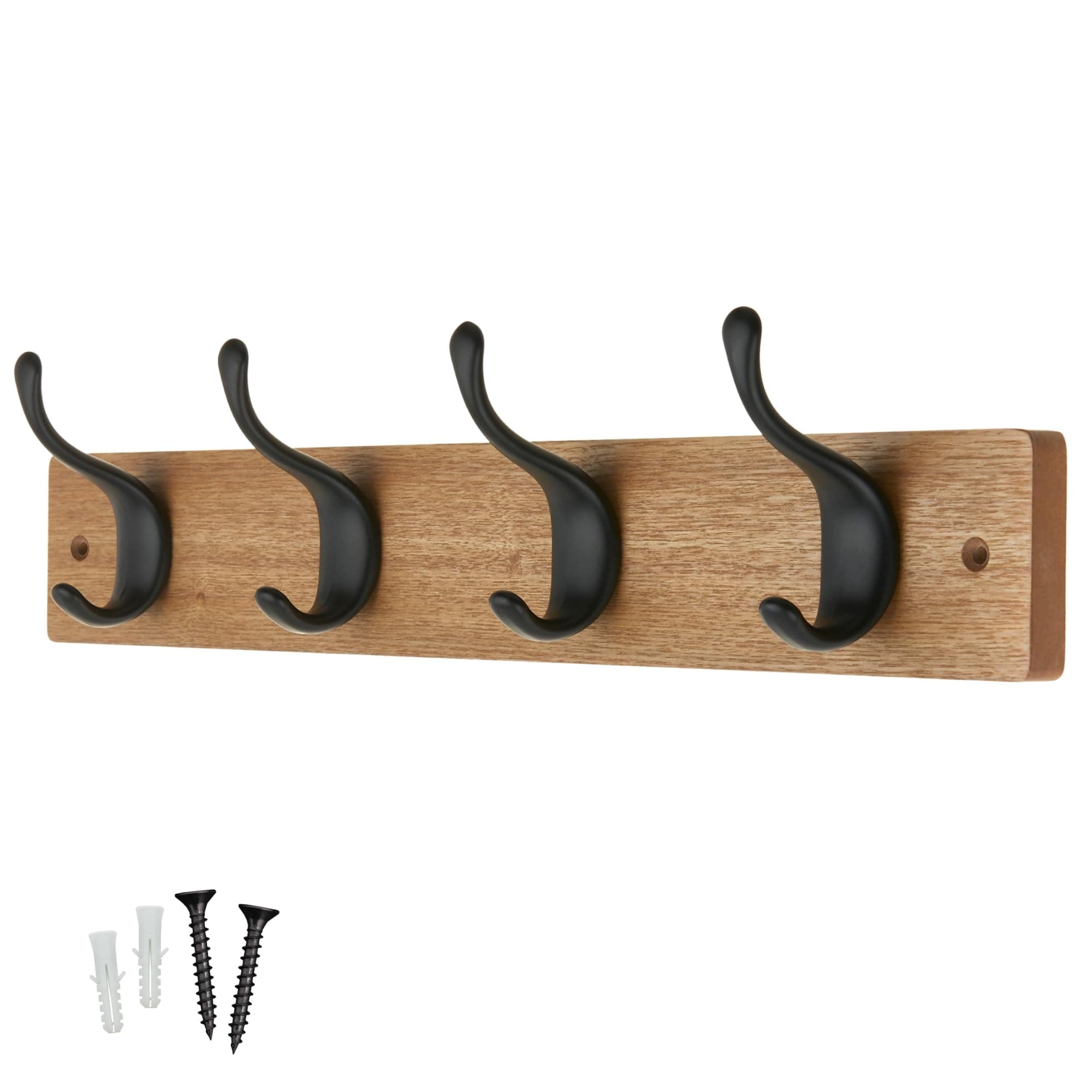 4 Matte Black Coat Hooks on Ash Effect Wooden Board - Modern Wall Mounted Coat Rack Clothes Hanger