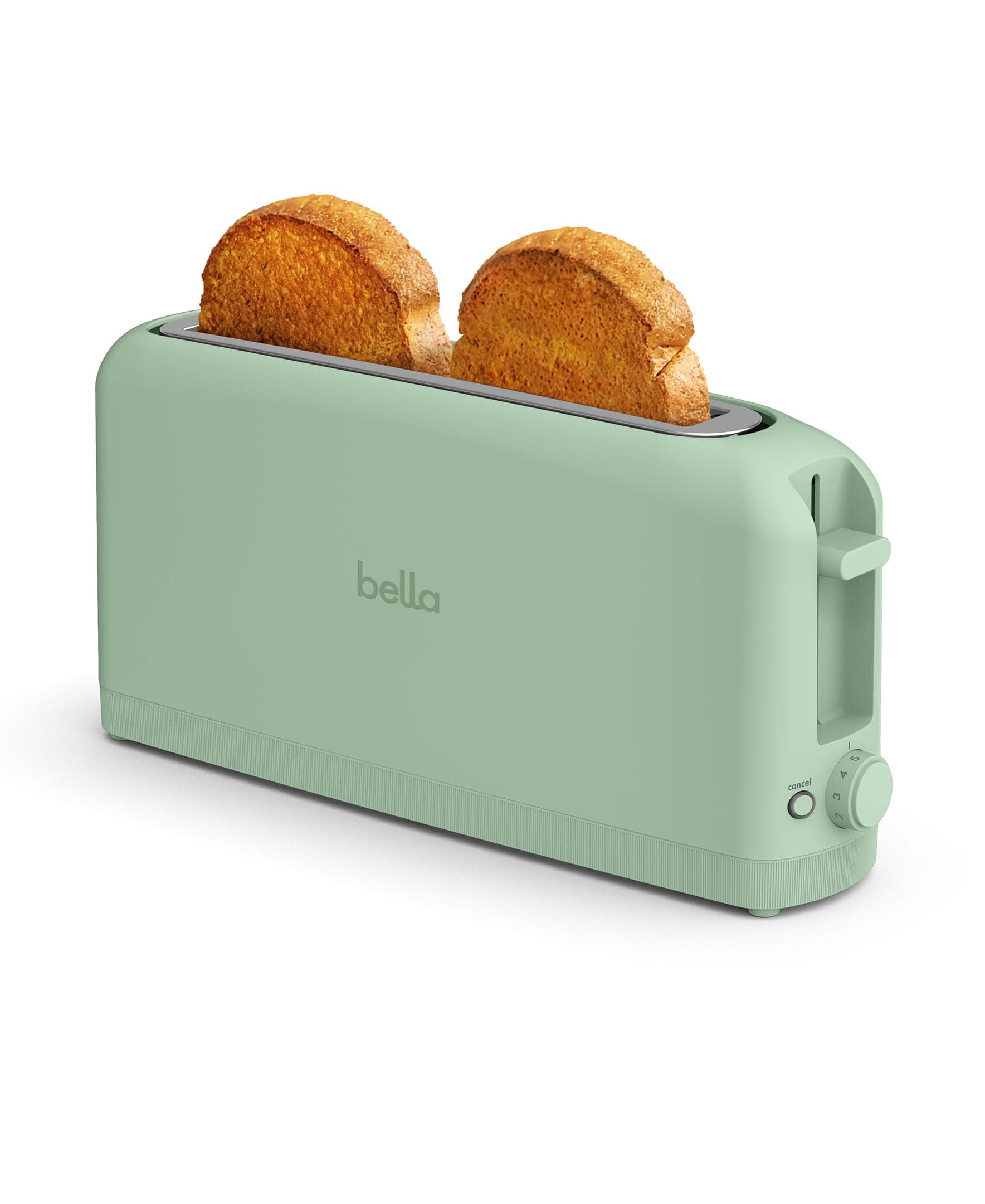 bella 2 Slice Slim Toaster, Fits-anywhere™ Kitchenware, 6 Setting Shade Control with Reheat & Cancel Buttons, Fits Sourdough, 10” Long Slot, Anti Jam & Auto Shutoff, 900 Watt, Seaglass