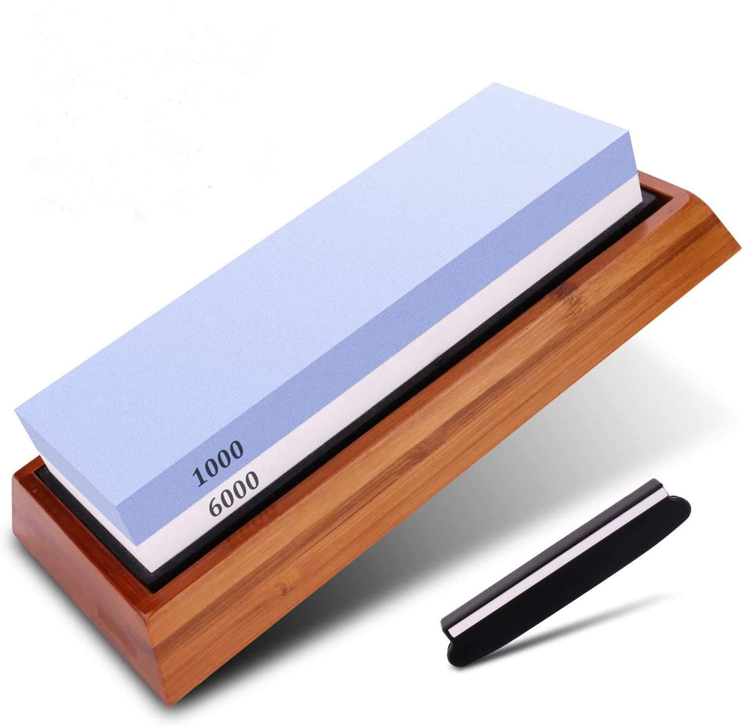 AmazeFan Premium Knife Sharpening Stone - 2 Side 1000/6000 Grit Japanese Whetstone - Best Waterstone Knife Sharpener with Non-Slip Bamboo Base, Angle Guide, Video Instructions and Illustrated PDF