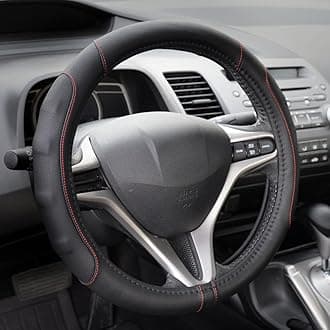 W761RDS Grip Drive Pro Synthetic Leather Auto Car Steering Wheel Cover Black w/Red Accent Stitching Comfort Grip-Small Size 13.5 to 14.5"