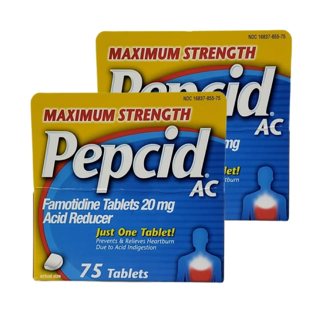 AC Maximum Strength - Pack of 2 Boxes - 75 Tablets Per Box - 150 Tablets Total - Prevents & Relieves Heartburn Due to Acid Indigestion & Sour Stomach - 20mg of Famotidine