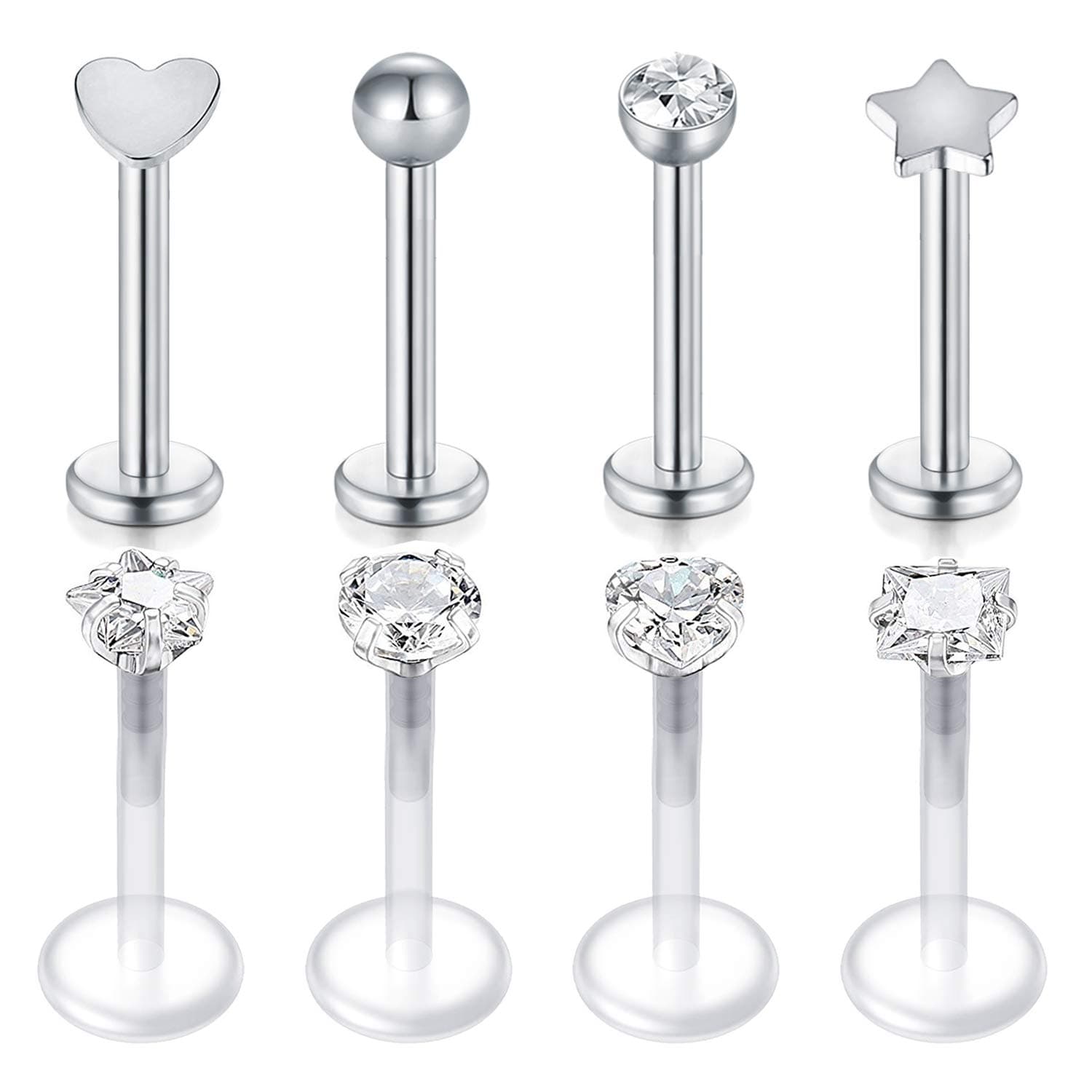 MODRSATragus Earrings 16G Labret Piercing Lip Stud Tragus Stud Helix Earring Conch Piercing Jewellery Women Stainless Steel CZ Inlaid Clear Lip Retainer