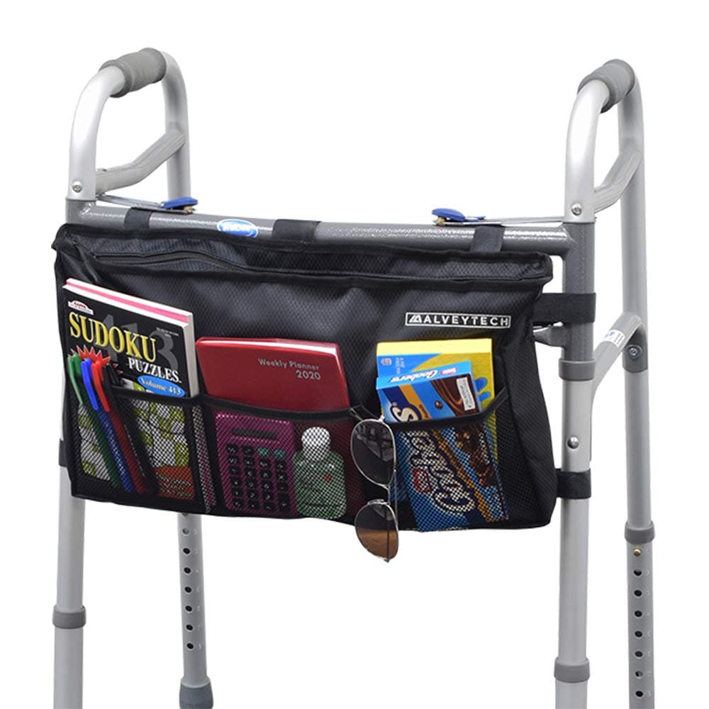 AlveyTech Deluxe Universal Organizer Bag - for Mobility Walker and Rollator Like Drive, Invacare, Merits, Medline - Wide Storage - Water-Resistant Ripstop Nylon & 210D Polyester Construction