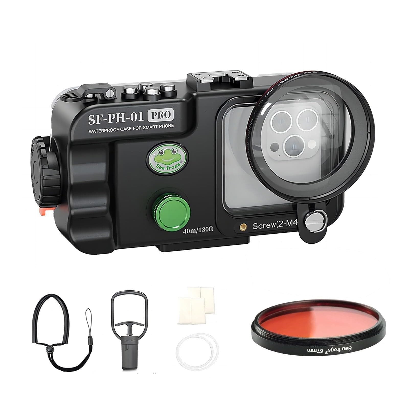 Seafrogs SF-PH-01 Pro Underwater Case with Red Filter, Waterproof Phone Housing for iPhone 15/14/13/12 Samsung Galaxy, 68x68mm Lens Window, 175x85mm Internal Space