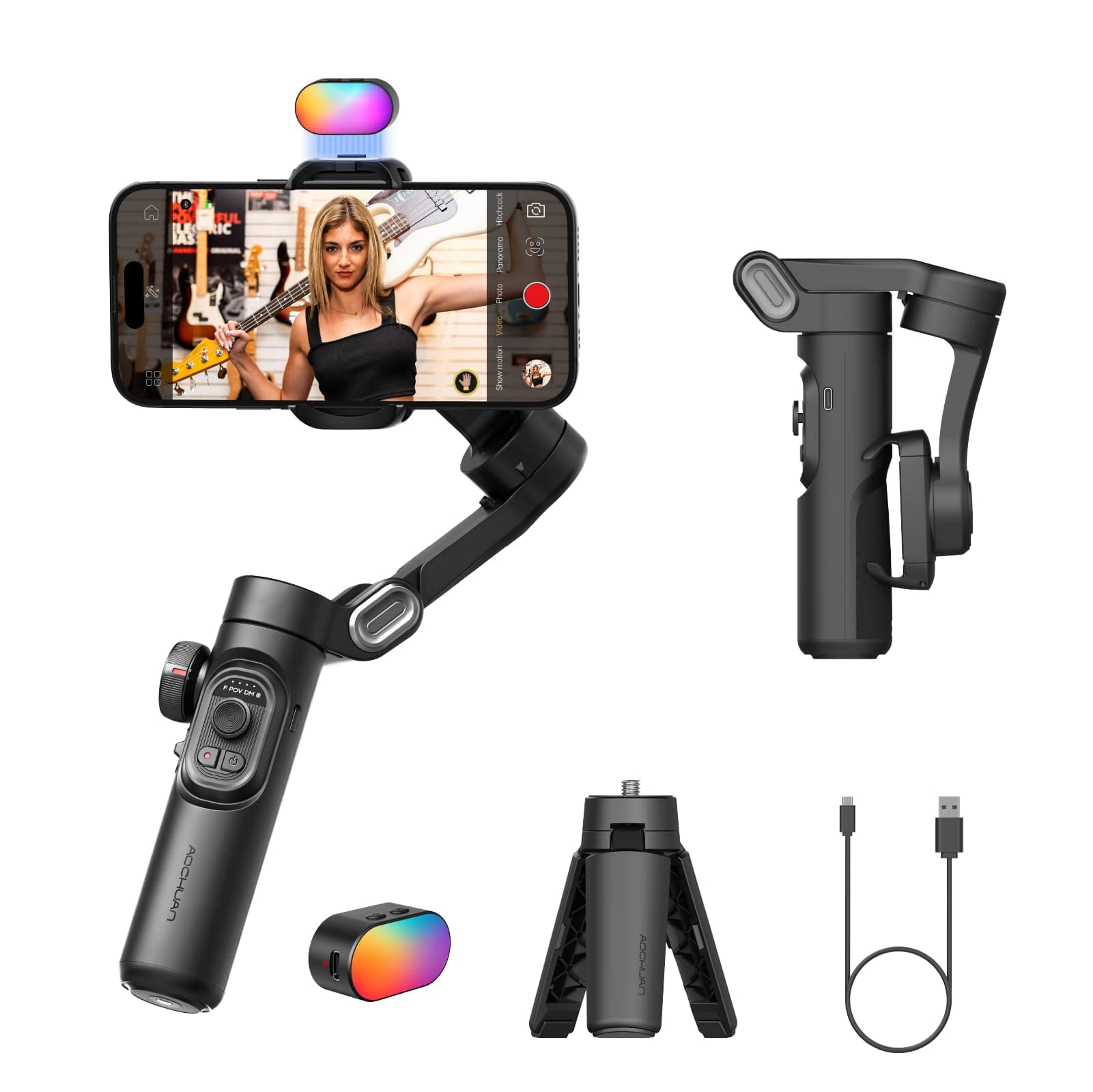 AOCHUAN Smartphone Gimbal 3-Axis Stabilizer for iPhone & Android, Magnetic Fill Light,Smooth Video Recording, Foldable Portable 3-Axis Gimble for Smartphone-AOCHUAN Smart XE Kit