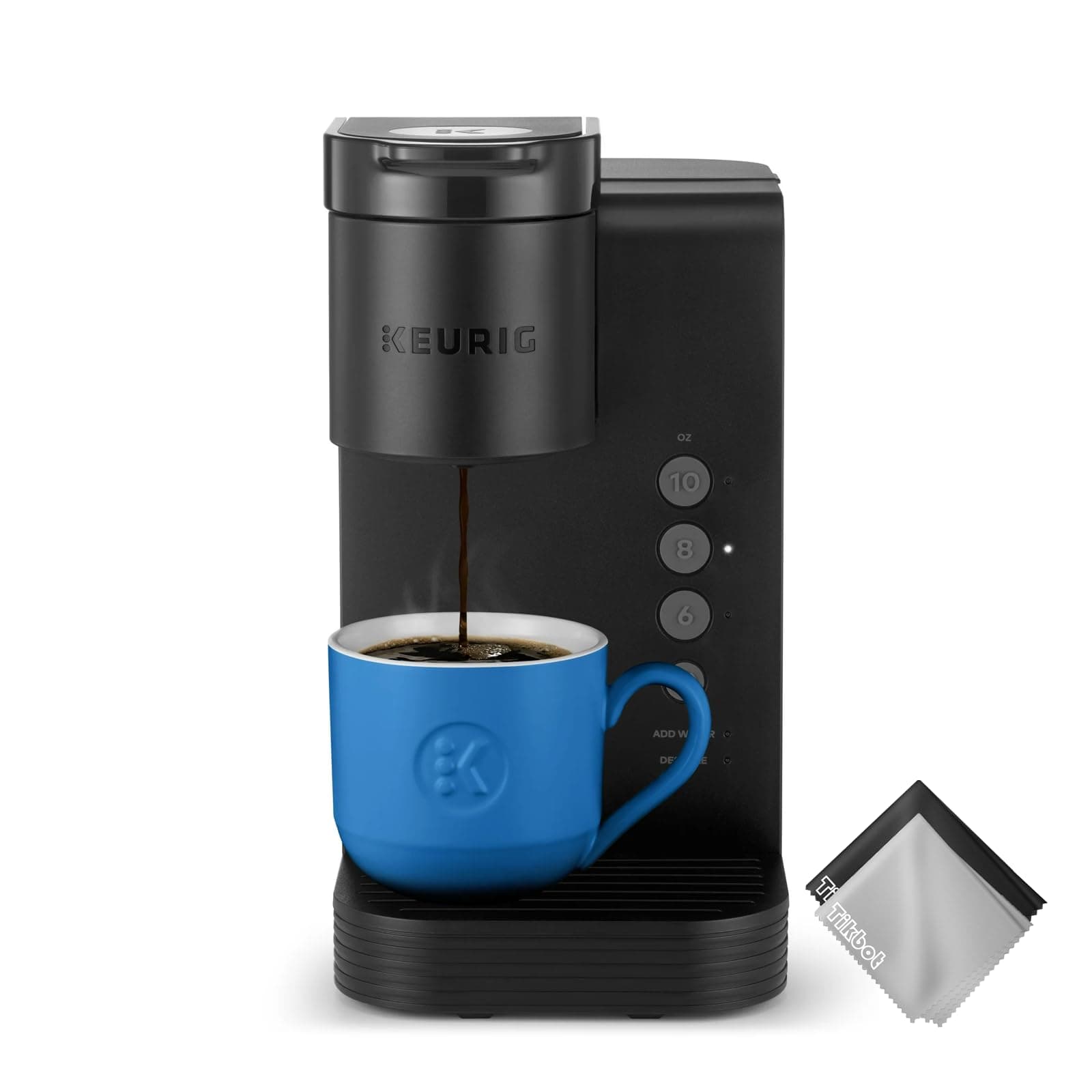 Keurig K-Express Essentials Single Serve K-Cup Pod Coffee Maker, 36 OZ DETACHABLE WATER TANK, 3 Cup Sizes 6, 8, & 10oz, Matte Black, w/Cleaning Cloth