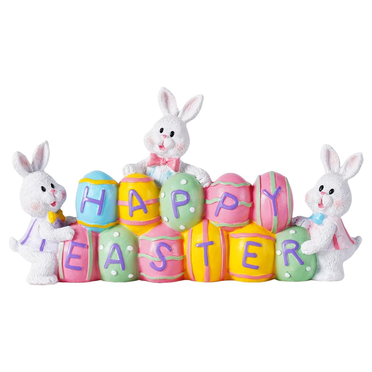 3 Bunny Holding Eggs and Happy Easter Decorations, Resin Easter Bunny Rabbits Figurine Tabletop Centerpiece for Spring Decor Easter Home Office Party Decor