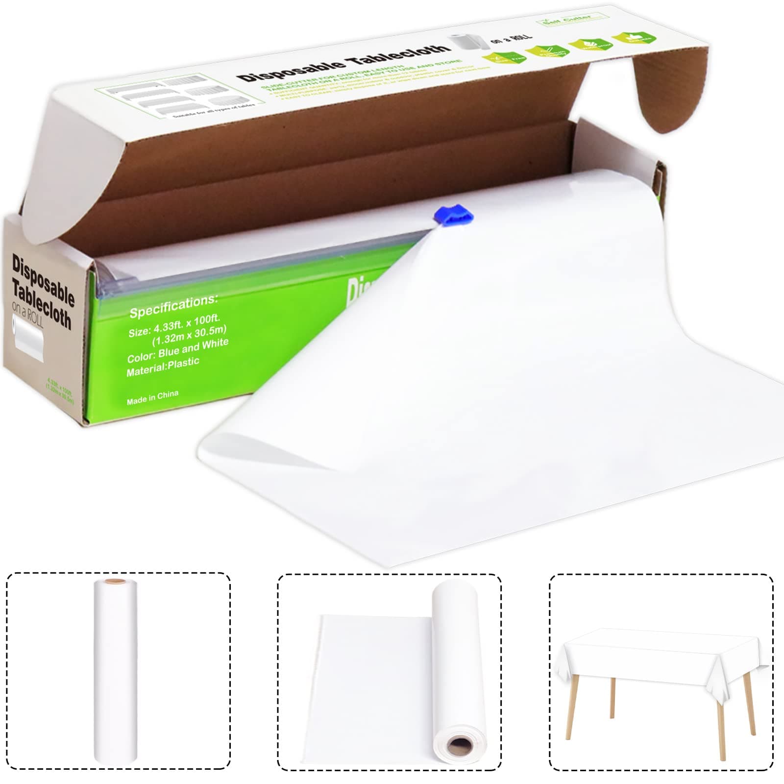 White Tablecloth Roll 52 in x 100 Ft with Slide Cutter Plastic Table White Premium Disposable Plastic Picnic Party Table Cover for Indoor Outdoor Events Family Banquet Parties and Celebrations
