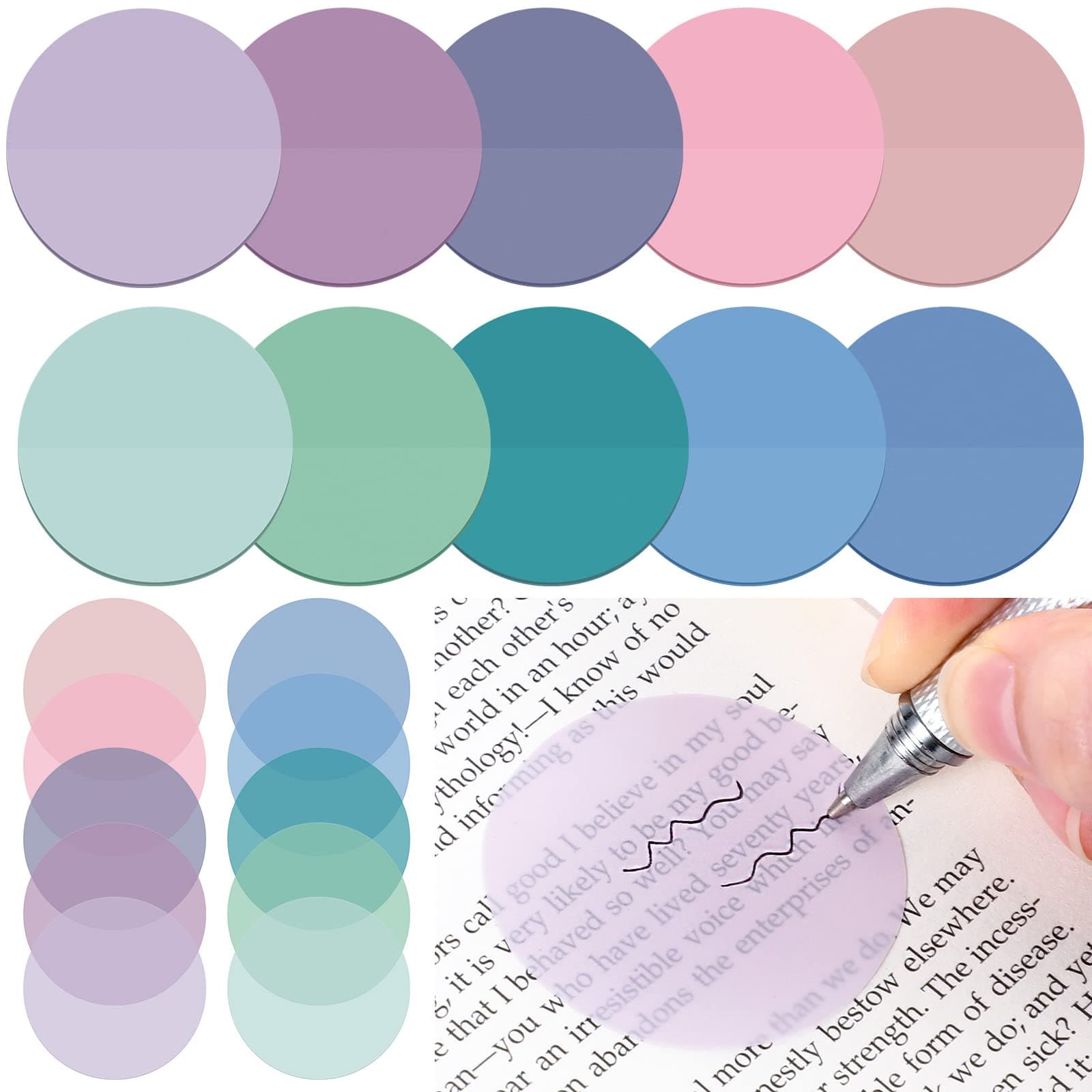 Sabary 500 Sheets Transparent Sticky Notes Round Translucent Sticky Notes Tabs Colorful Page Flags Stickers Clear Book Markers Bible Journaling Office Back to School Supplies(1.75 Inch,Stylish)