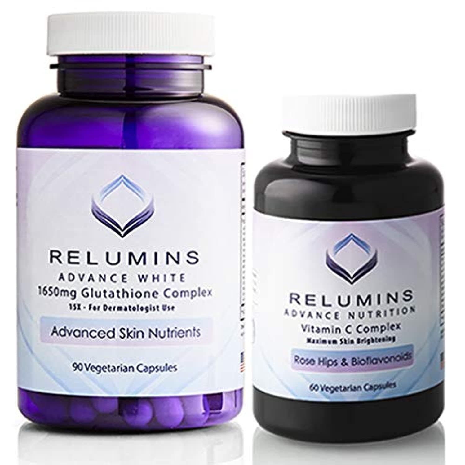 - Relumins Advanced White Set - 1650mg Glutathione Complex (90 Capsules) and Advanced Vitamin C with Rose Hips and Bioflavonoids (60 Capsules) Bundle