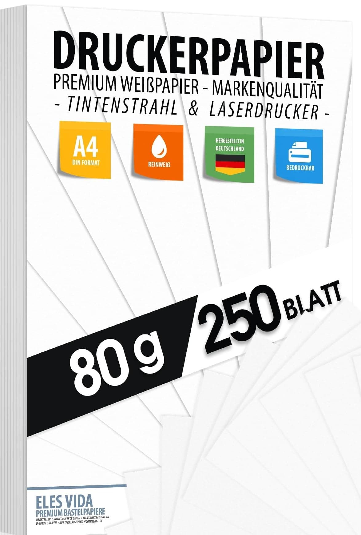 250 Sheets Printer Paper A4 80 g White - Premium Paper Pure White - DIN A4 - 21 x 29.7 cm - Copier Paper, Laser Printer & Inkjet for University, Photography, Presentations, Crafts - Ideal for Copiers