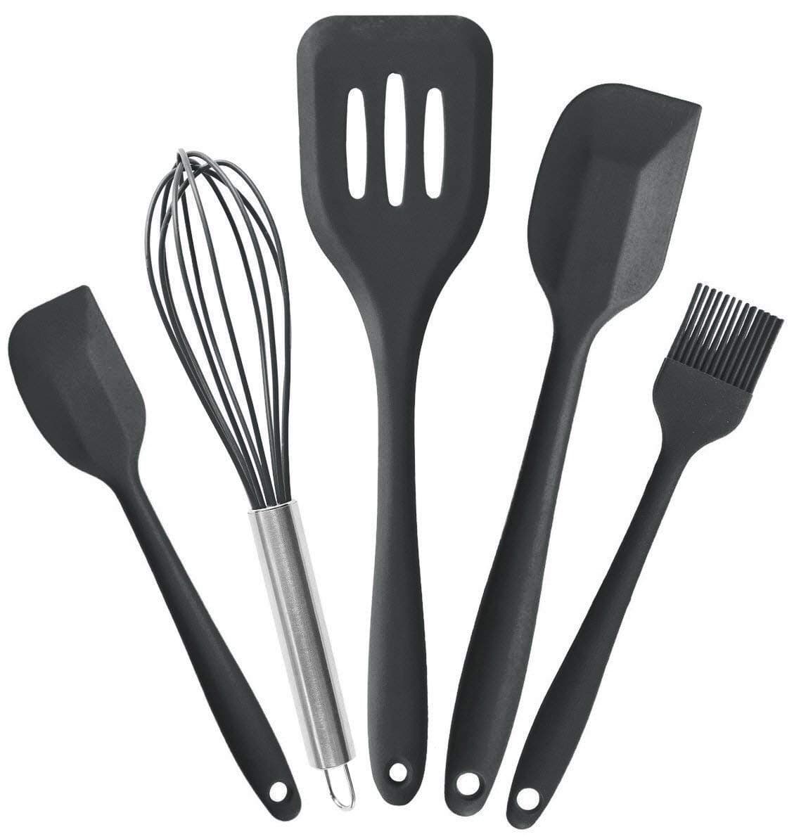 StarPack Premium Silicone Baking Kitchen Utensils Set (5 Piece) - Cooking Utensils Set with Heat Resistance up to 600°F - Large & Small Spatulas, Whisk & Basting Brush Silicone Utensils (Gray Black)