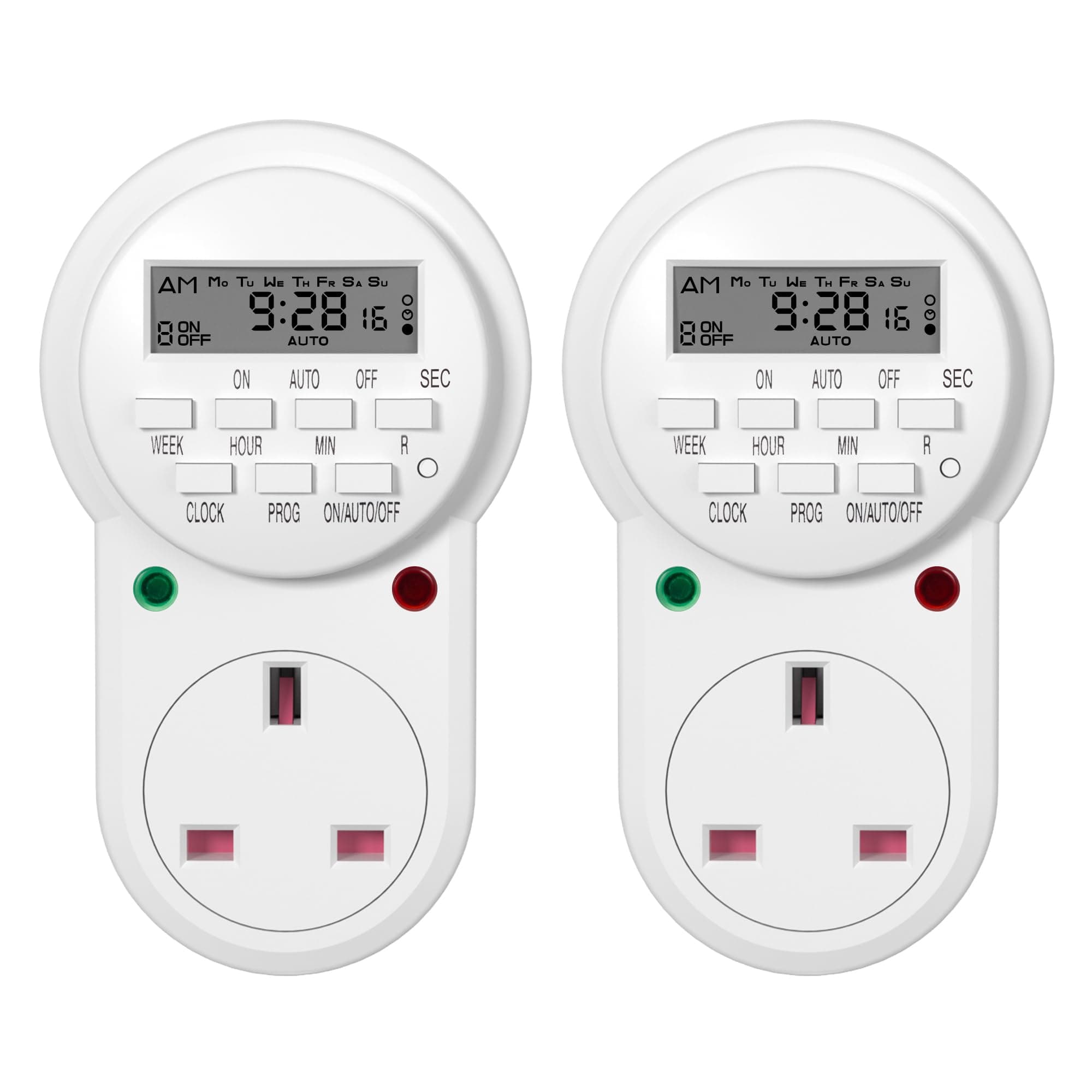 HBN Digital Programmable Plug-in Timer Socket, 24 Hours/7 Day Weekly Electronic Light Timer Plug with 9 On-Off Programs and Anti-Theft Random Function (13A/3120W, 2 Pack)