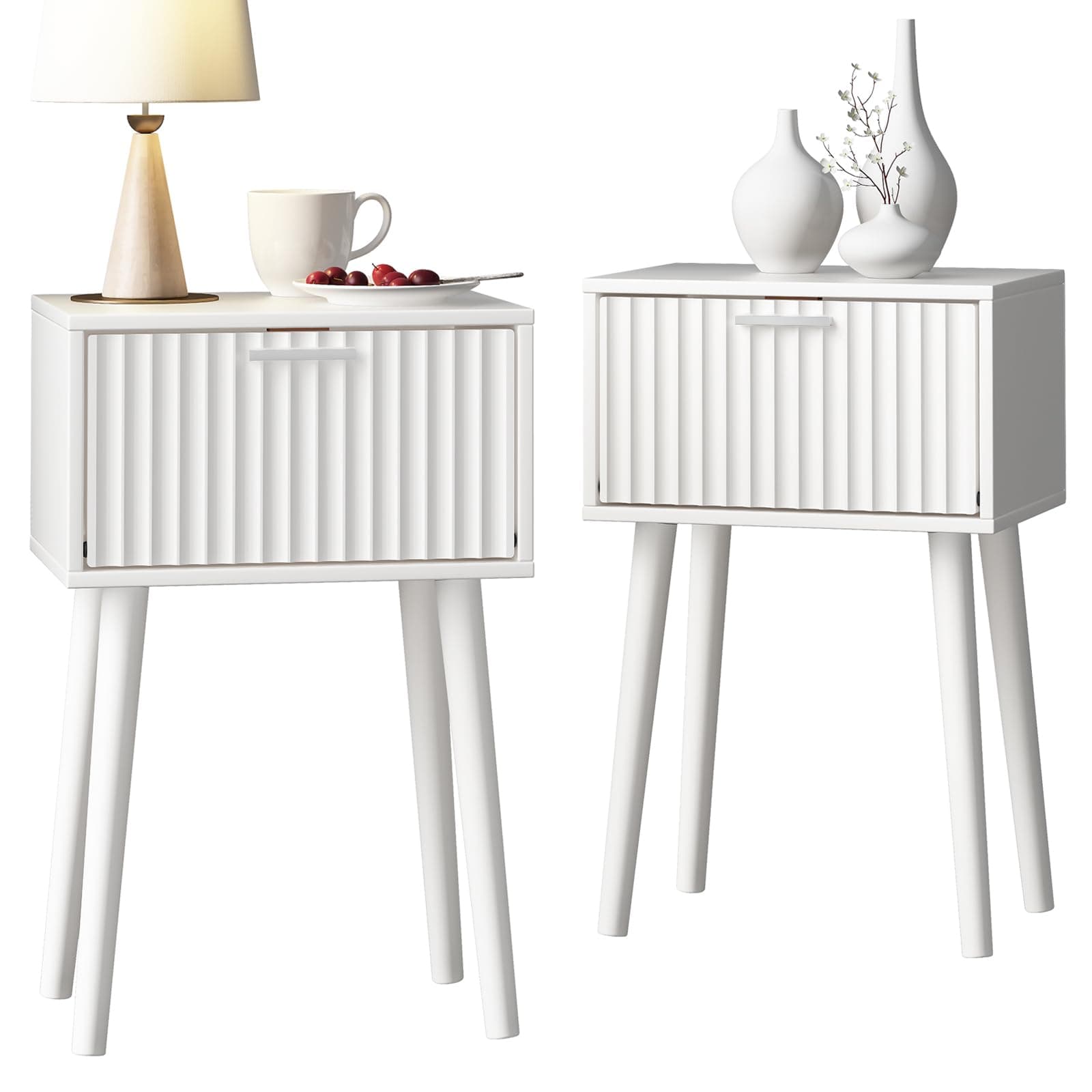 LAATOOREE Nightstands Set of 2, Small Side Table, Bedside Table with Fluted Door, Solid Wood Feet; Modern Mid-Century End Table for Bedroom, Small Space (White)