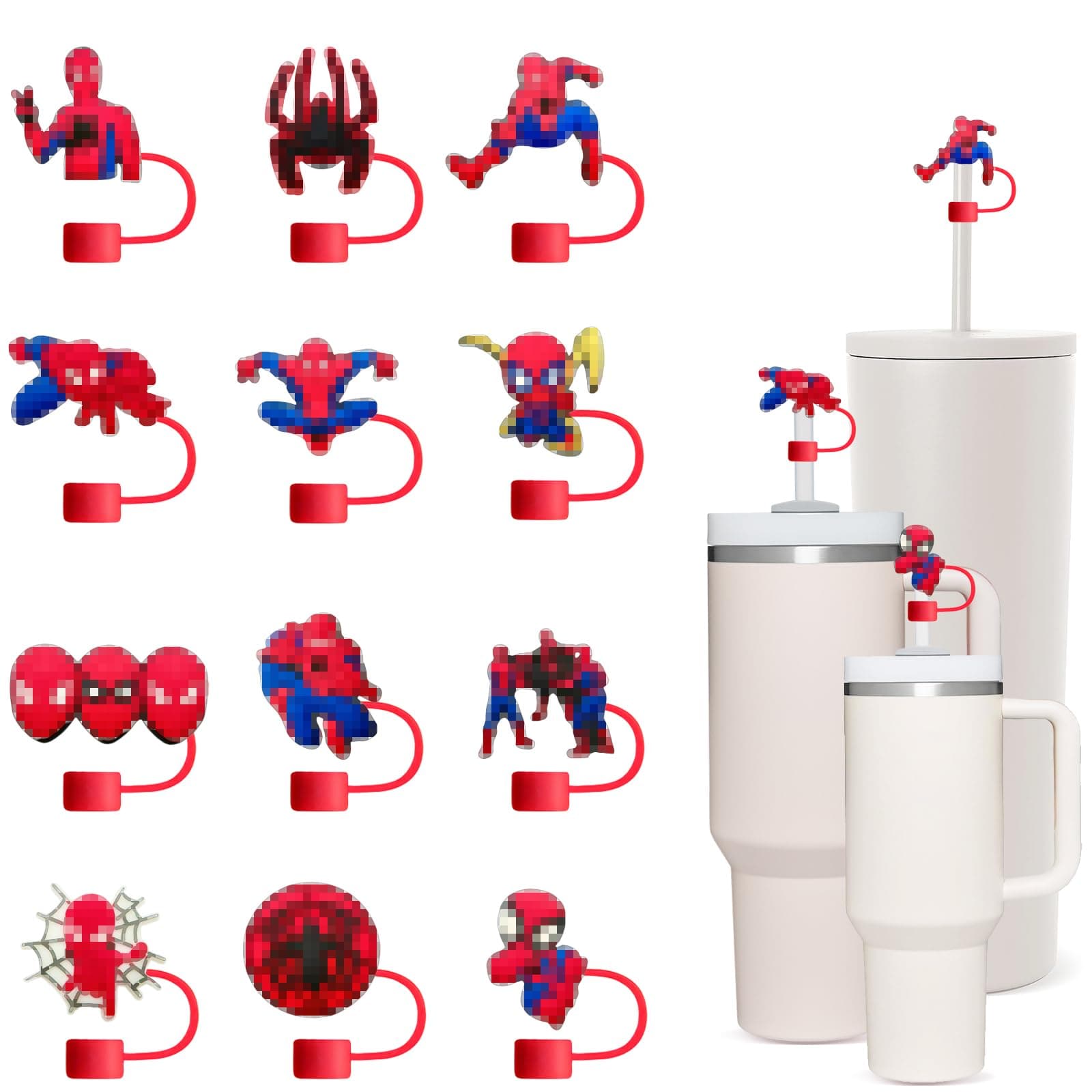 12 Pcs S-pider Straw Covers Cap for 9-10mm Straws Fit Stanley Cup 40 oz 30 oz Tumbler with Handle, Reusable Cartoon Drinking Straw Topper for Kids Party Favor