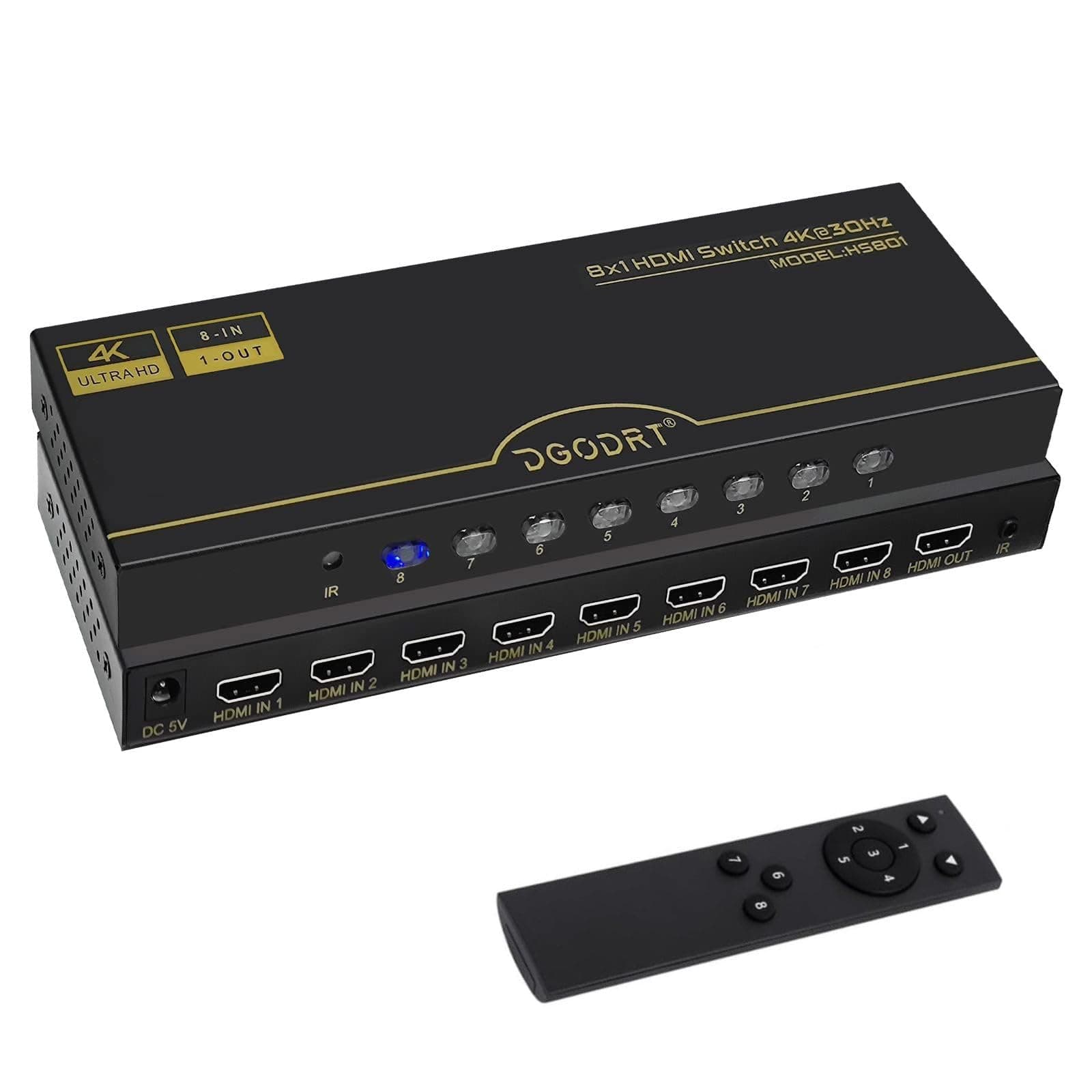 DGODRT 8×1 HDMI Switch 8 in 1 Out, 8 Port 4K HDMI Switcher Selector Box with IR Remote Control, Support 4K@30Hz Ultra HDR HDCP 3D 1080P for Xbox PS4 PC Laptop