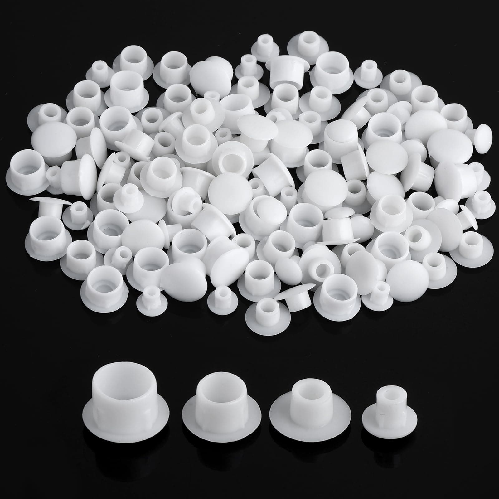 120PCS Plastic Screw Covers - White Hole Plugs Assorted Sizes (5mm/6mm/8mm/10mm) for Nail, Screw, Partition Holes in Cabinets, Brackets, Shelves