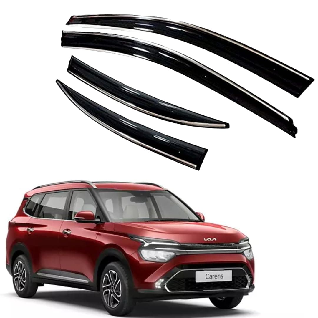 ROYALTECH Premium Chromeline & Silverline Unbreakable Car Rear Window Wind Deflectors & Side Door Visor Rain Guard Compatible with (Kia Carens (2022 Onwards))