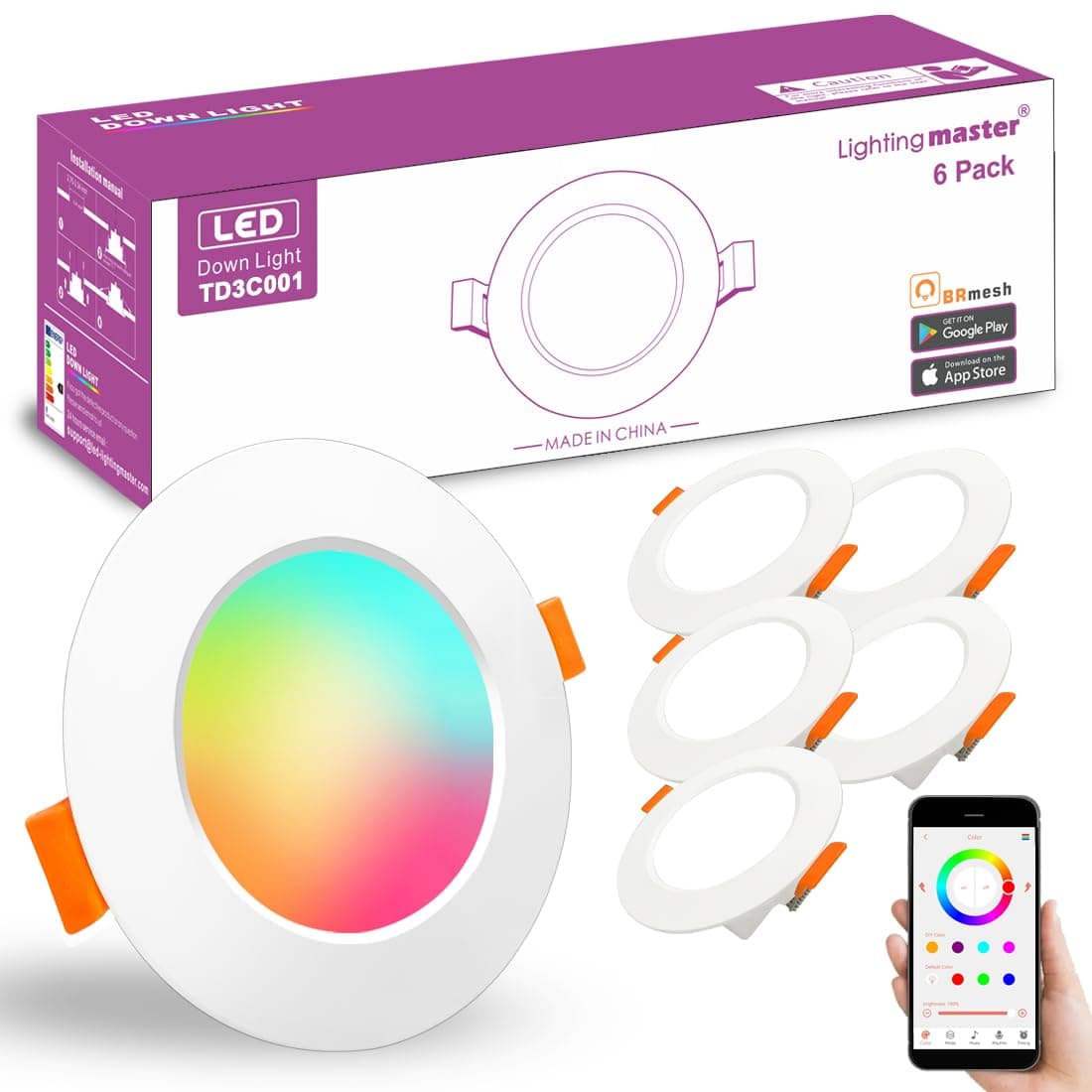 Led Downlights for Ceiling 3 inch 7W for Alexa，Bluetooth Smart Ceiling Spotlights by APP Control，Recessed Lights Warm to Daylight White Dimmable - Colour Changing RGB Lights (Cutout φ68-85mm) 6pack
