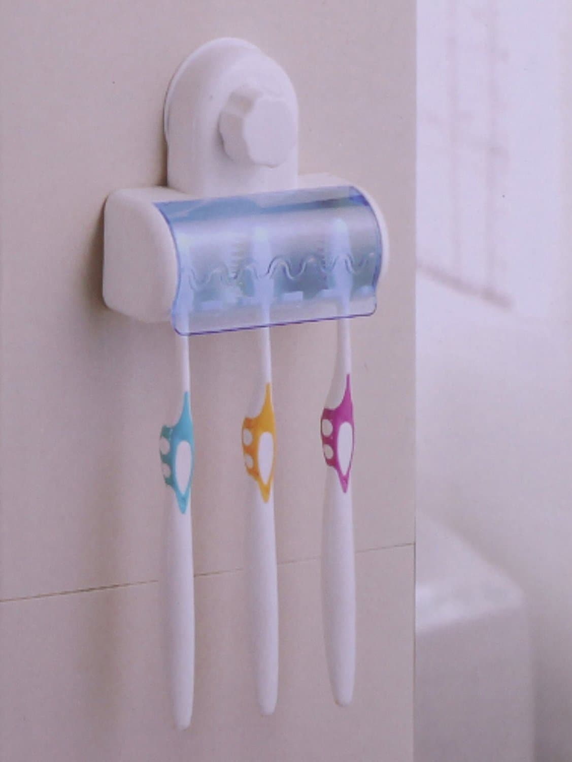 Suction Five Toothbrush Holder with Cover, Plastic, Blue and Clear