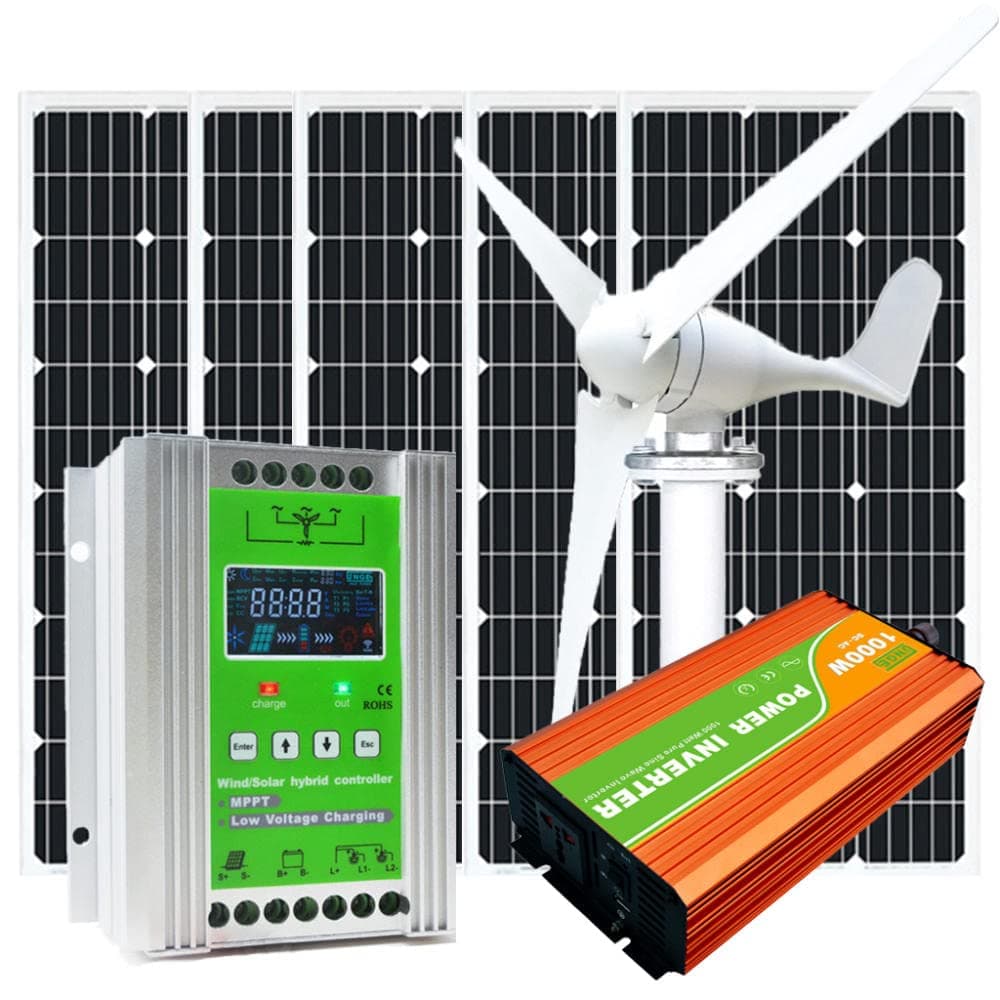 800W Home Wind Turbine Generator and Solar Panel System Kit: 300Watt Wind Turbine Generator + 100W Solar Panel X 5 + MPPT Charge Controller (Phone Control)+ 1000W Inverter + Off-Grid System