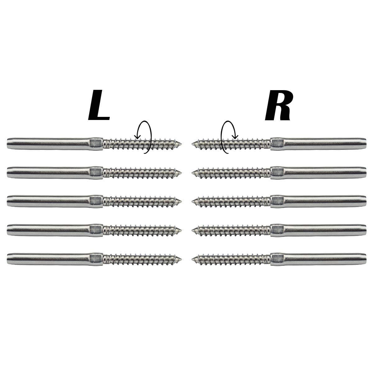 Bestbode Right & Left Swage Screw Stud Threaded End Fitting Terminal for Wood Post of 1/8" Cable Railing kit Hand Crimp Stainless Steel T316 Marine Grade 10PACK (5 Pairs) BC04
