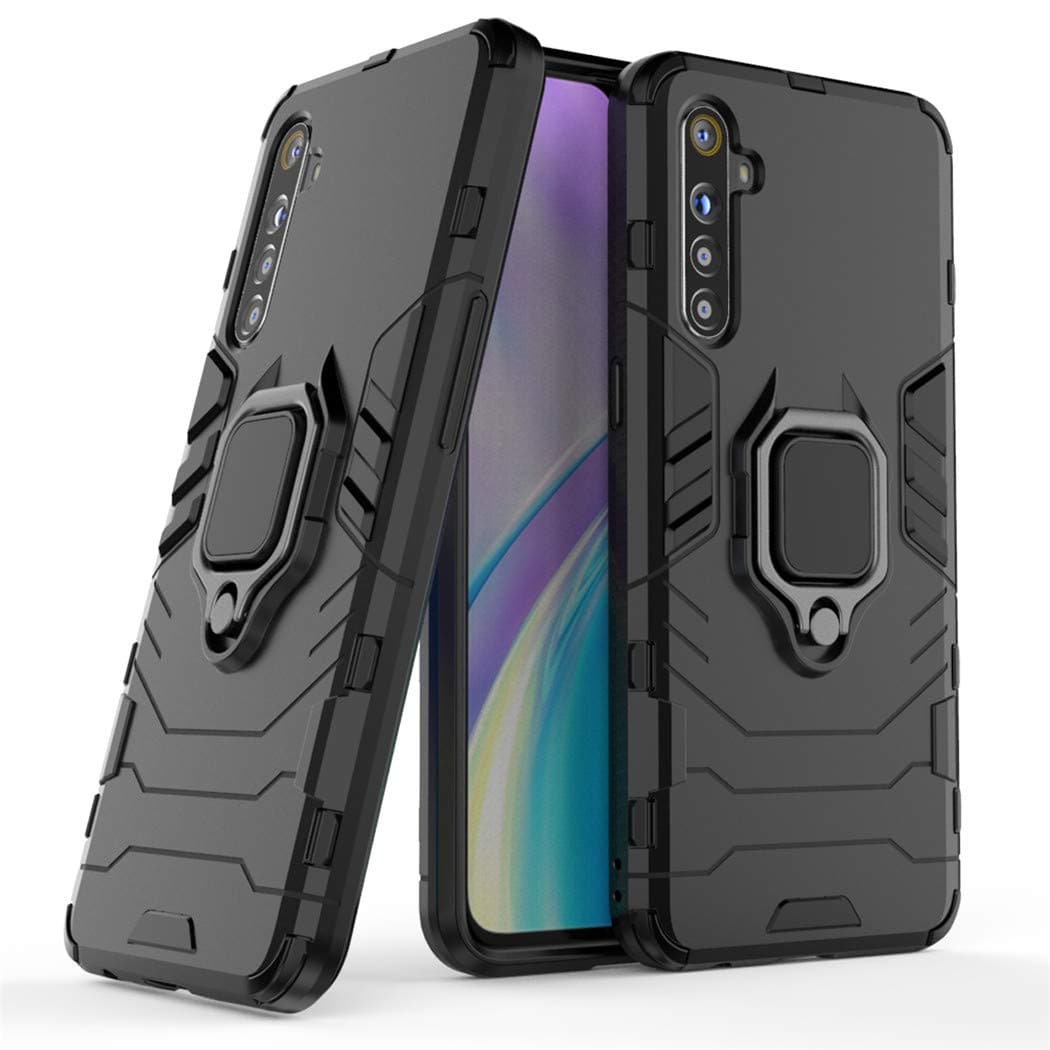 Compatible with Realme XT, X2 Case, Metal Ring Grip Kickstand Shockproof Hard Bumper (Works with Magnetic Car Mount) Dual Layer Rugged Cover for OPPO Realme XT, Realme X2 (Black)