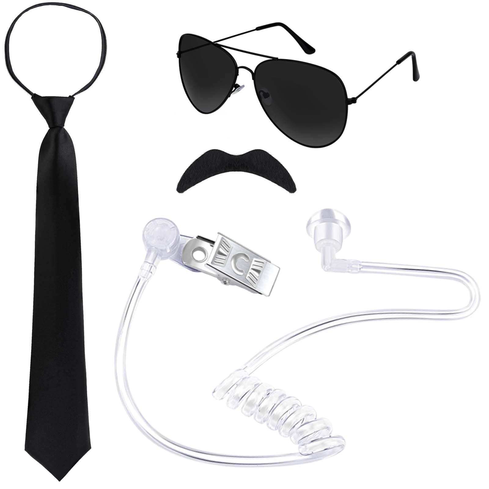 Kuscul4 Pcs Halloween Agent Costume Set Include Earpiece Earplugs Adjustable Pretied Zipper Tie Black Sunglasses Fake Moustaches for Men Halloween Party Secret Service Cosplay