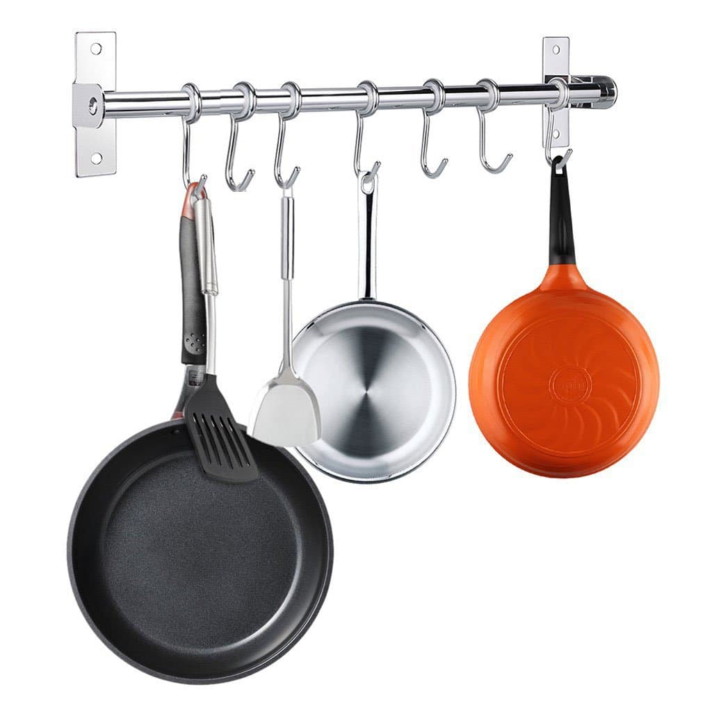 WILLOR Wall Mount Pot Pan Rack Silver Stainless Steel Kitchen Utensil Hanger Organizer 50cm with 7 Hooks