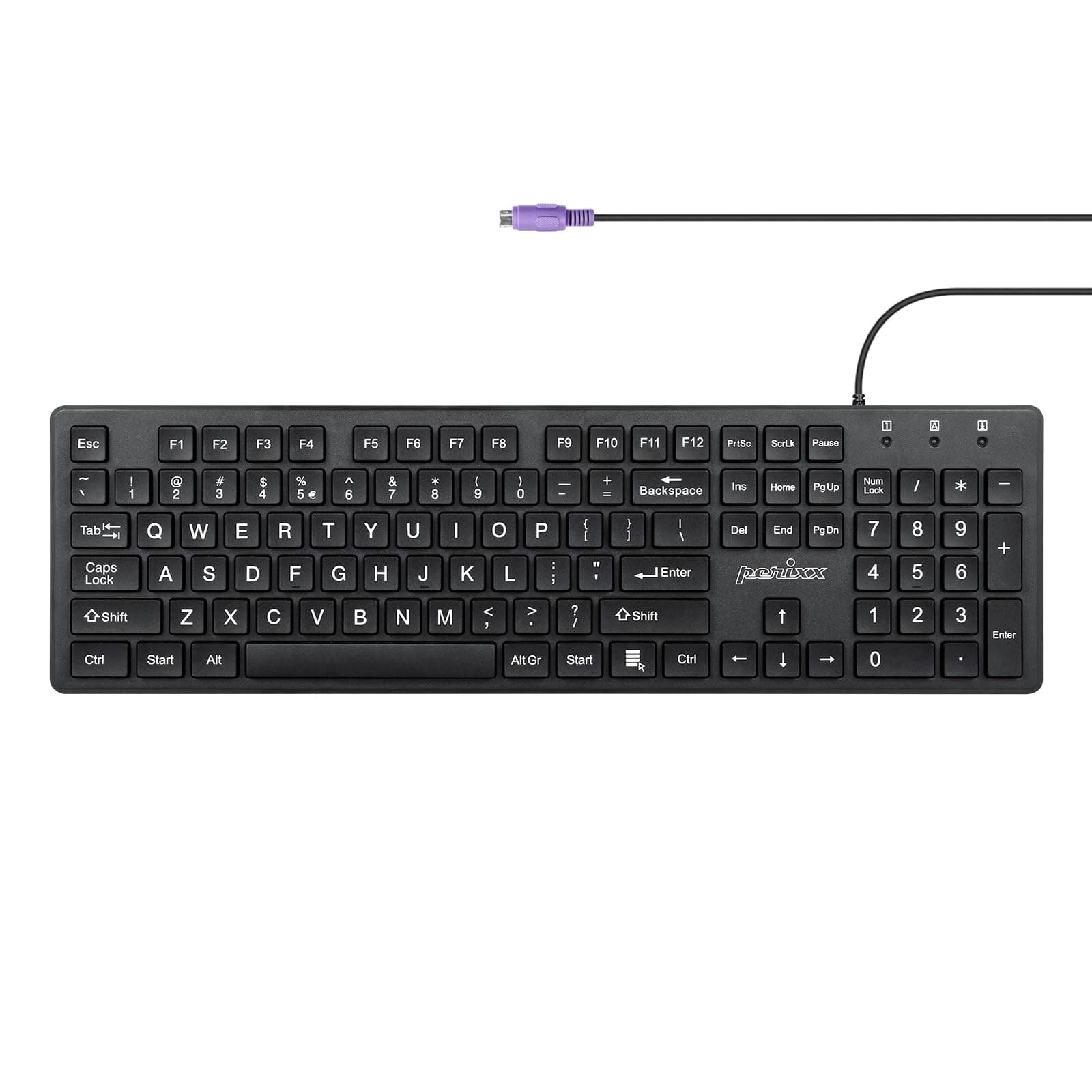 PERIBOARD-117P Wired PS2 Full Size Keyboard - Big Print Letters - Black - US English