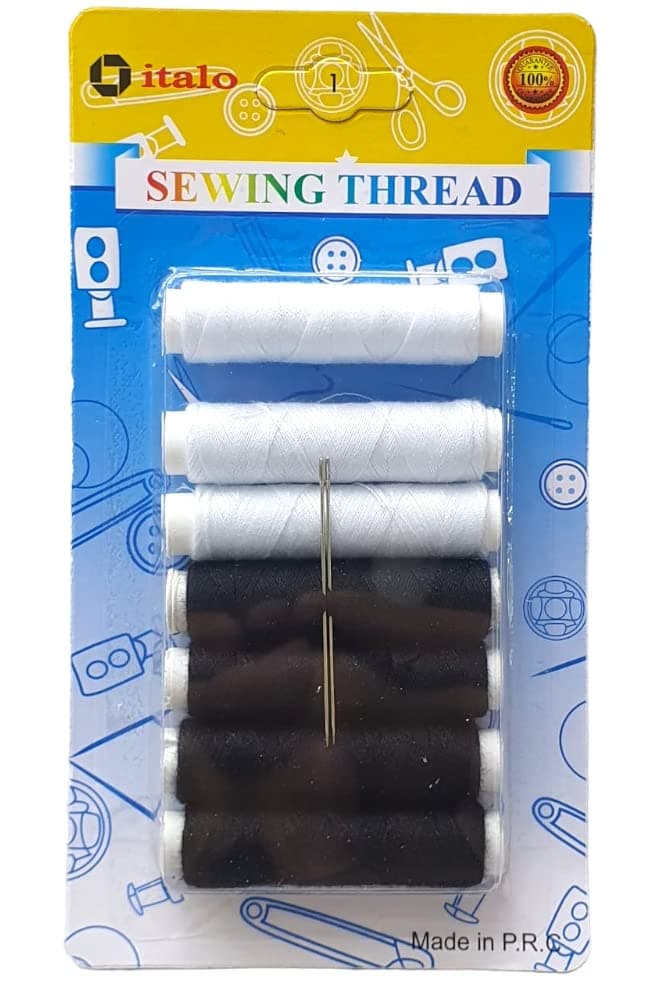 7-Piece of Spun Polyester Sewing Thread For General Sewing And Repair Purpose Black and White Colour Approx 50 Meter Per Piece and Available Two Sewing Needle